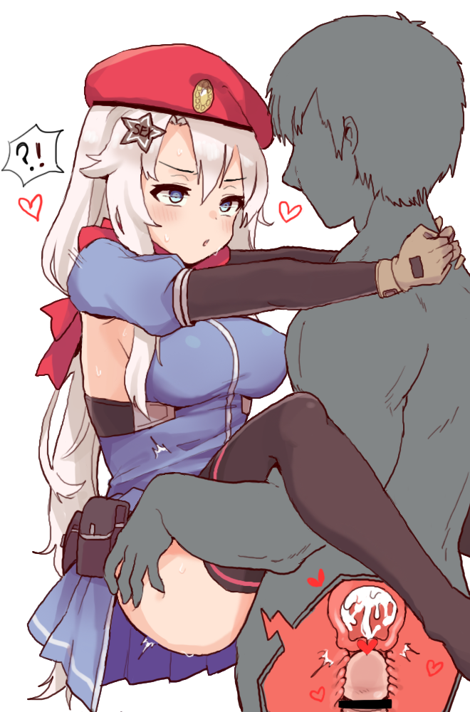 1boy 9a-91_(girls_frontline) arms_around_neck beret black_legwear blue_dress blue_eyes blush breasts brown_gloves clothed_sex clothing cross_section cum cum_in_pussy cum_in_uterus cum_inside dress elbow_gloves female girls'_frontline gloves grey_hair hat heart internal_cumshot jorin large_breasts long_hair low_ponytail male open_mouth penetration penis red_scarf rolling_eyes scarf sex short_dress sidelocks spread_legs straight sweat thighhighs upright_straddle uterus vaginal_penetration very_long_hair x-ray