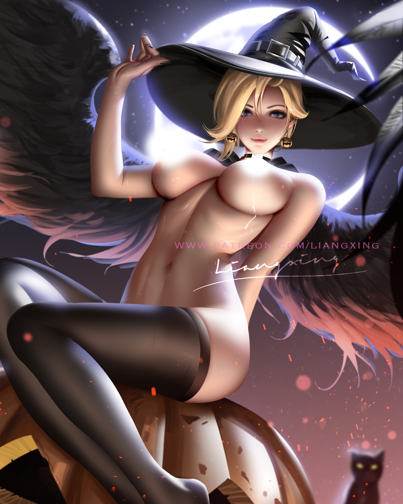 1girls, big breasts, breasts, censored, female, female only, large breasts, liang xing, looking at viewer, mercy, overwatch, solo, thighhighs