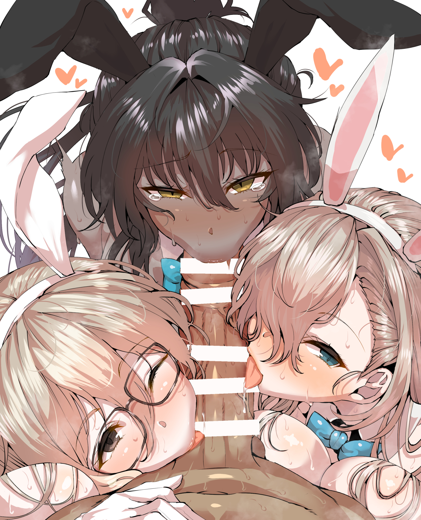 1boy, 3girls, akane (blue archive), akane (bunny) (blue archive), asuna (blue archive), asuna (bunny) (blue archive), big penis, black hair, blonde hair, blowjob, blue archive, bunny ears, bunny girl, censor bar, censored, cock worship, collaborative fellatio, dark skin, dark-skinned female, dark-skinned male, fellatio, female, foursome, glasses, higher resolution available, karin (blue archive), karin (bunny) (blue archive), licking, licking penis, light skin, light-skinned female, long hair, male, multiple females, multiple girls, oral, penis, saliva, teamwork, veiny penis, wakura (gcdan)
