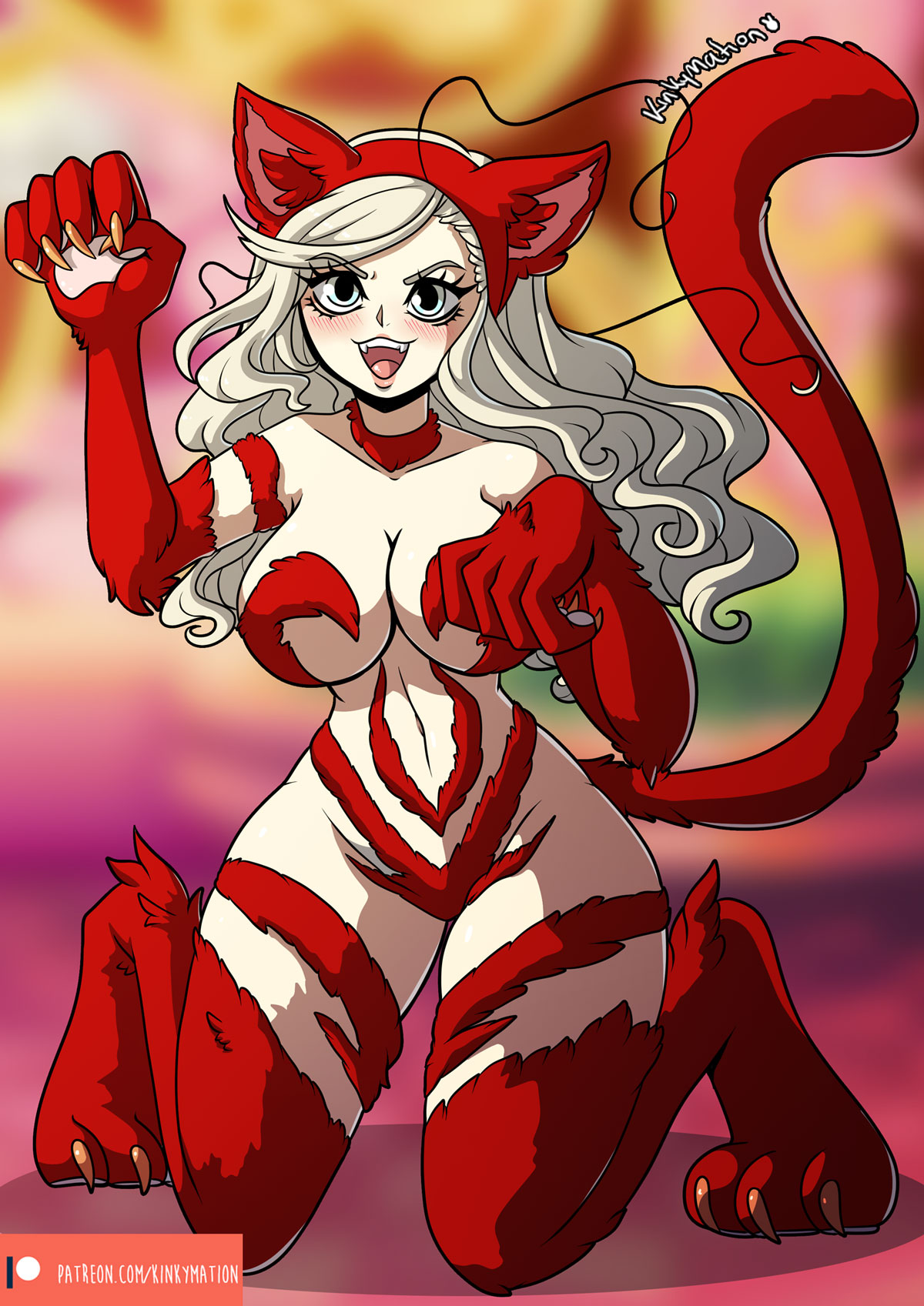:3, 1girls, alternate hairstyle, ann takamaki, artist name, atlus, big breasts, blonde hair, blue eyes, breasts, clothing, cosplay, darkstalkers, fake animal ears, fake tail, felicia (darkstalkers), felicia (darkstalkers) (cosplay), female, female only, hair, halloween, halloween costume, huge breasts, kinkymation, large breasts, long hair, megami tensei, on knees, persona, persona 5, solo