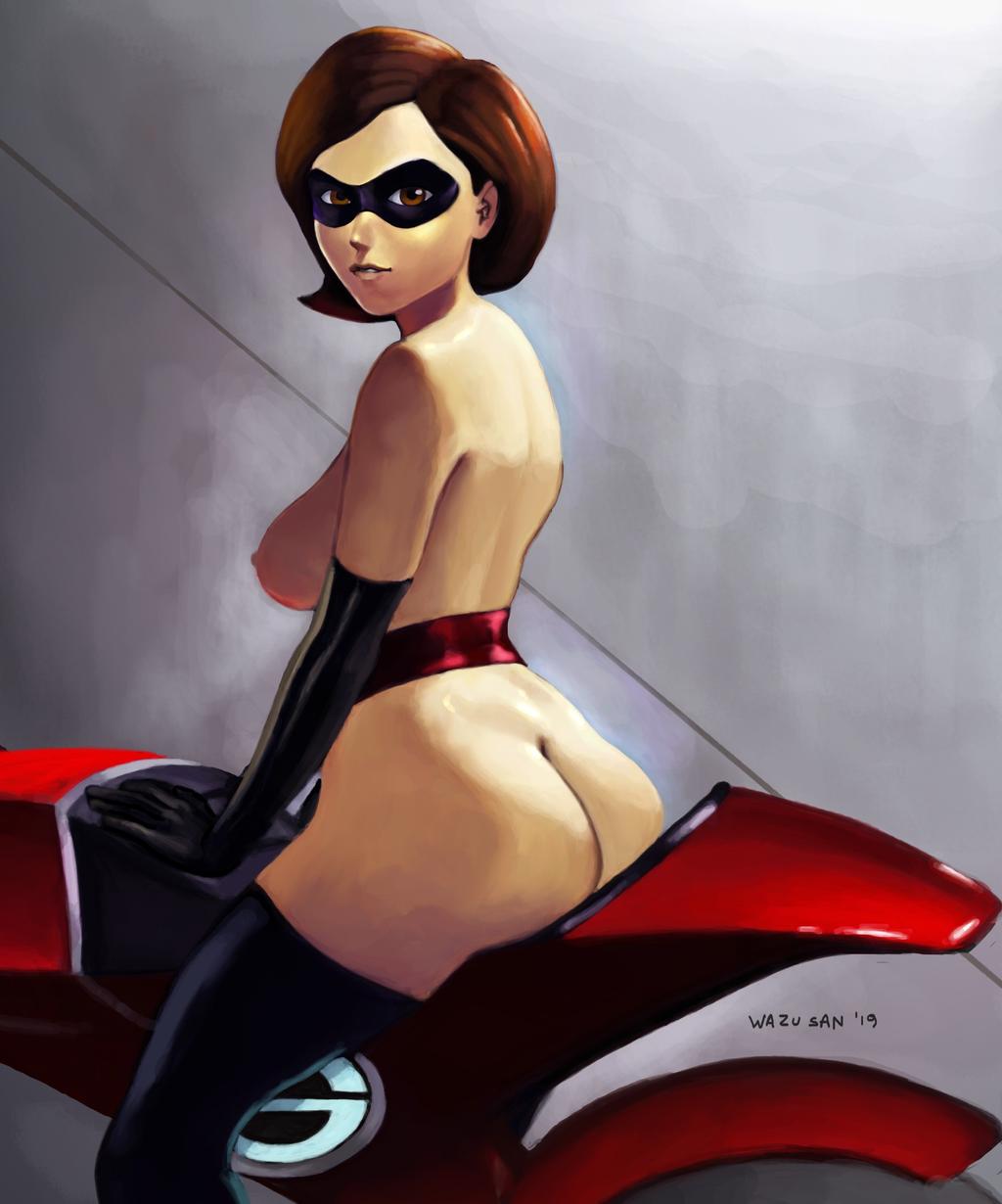 armwear, ass, belt, big breasts, bike, black boots, boots, breasts, brown eyes, brown hair, busty, casual, disney, elastigirl, elbow gloves, exposed torso, eyewear, female, female focus, female only, gloves, helen parr, hourglass figure, human, legwear, mask, mature, mature female, milf, motorbike, motorcycle, naked footwear, nipples, nude, pale skin, pinup, pixar, pose, posing, short hair, sideboob, sitting, smooth skin, solo, superheroine, tagme, the incredibles, the incredibles 2, thigh boots, vehicle, wazu-san