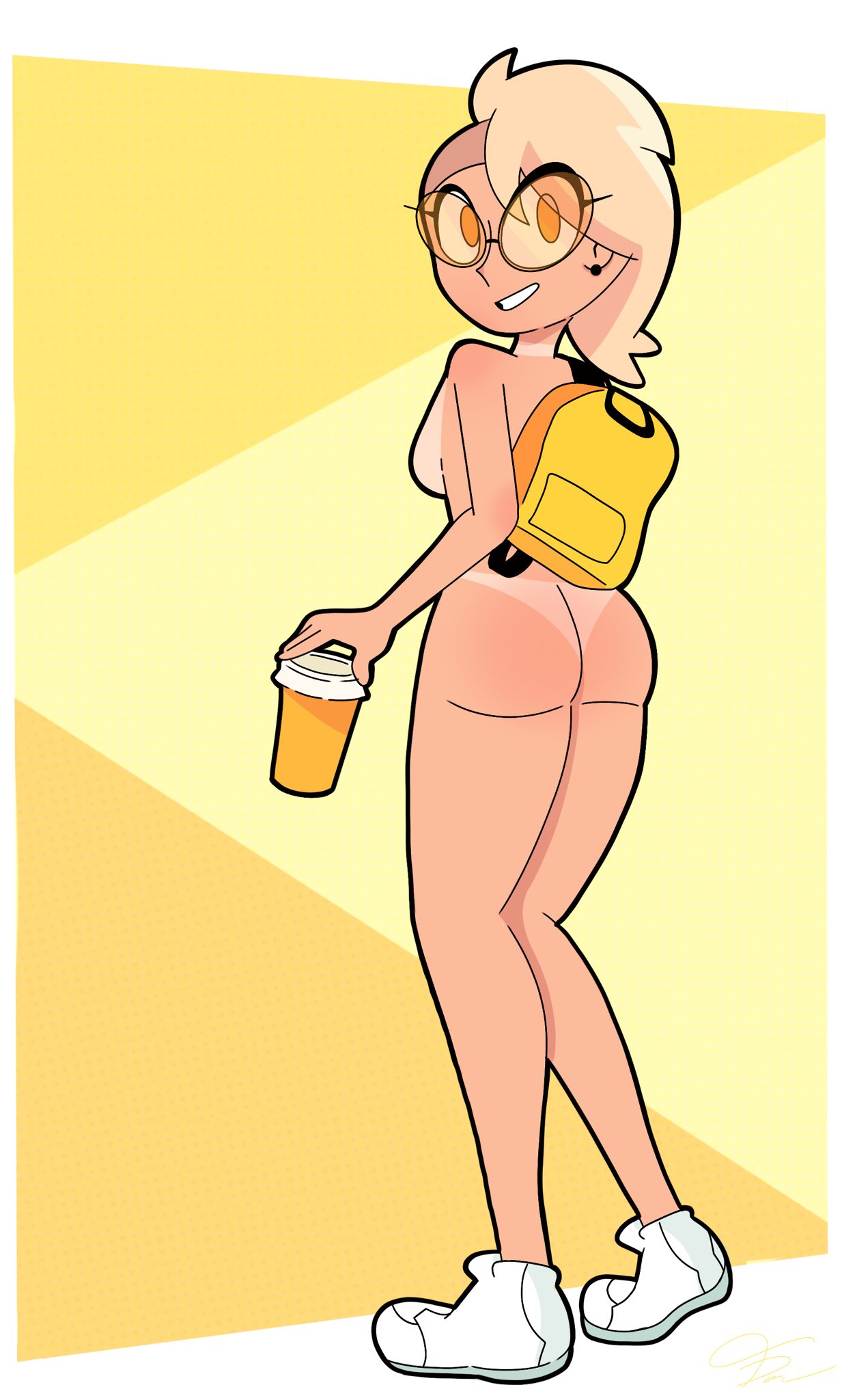 backpack bag blonde_hair blush casual coffee coffee_cup davesdoodles earrings eyewear female footwear hazel_eyes human mauxie naked nude nudist pale_skin smile sneakers sunglasses tagme tan_body tanlines tinted_eyewear yellow-tinted_eyewear