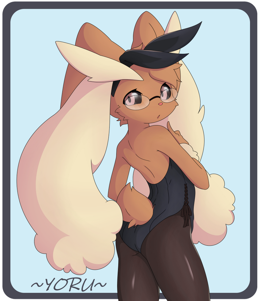 1boy anthro back_to_viewer black_stockings bunny_boy corset femboy furry glasses glasses_on_face head_band lagomorph long_stockings lopunny male_only pokémon_(species) pokemon pokemon_(species) stockings thighs tight_clothes tight_clothing tight_fit tight_socks tights turned_around yoru_(yorusagi) yorusagi