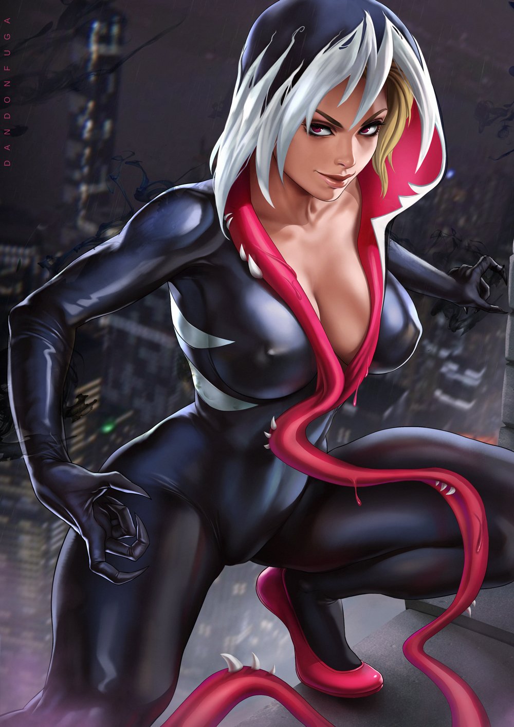 1girls abs alien ballet_shoes big_breasts blonde_hair breasts cleavage dandon_fuga dark_persona erect_nipples eyebrow_piercing female female_only gwen_stacy gwen_stacy_(spider-verse) gwenom hood hood_up hooded_jacket jacket large_breasts long_tongue looking_at_viewer makeup marvel mascara piercing red_eyes she-venom short_hair solo spider-gwen spider-man_(series) symbiote venom venom_(marvel)