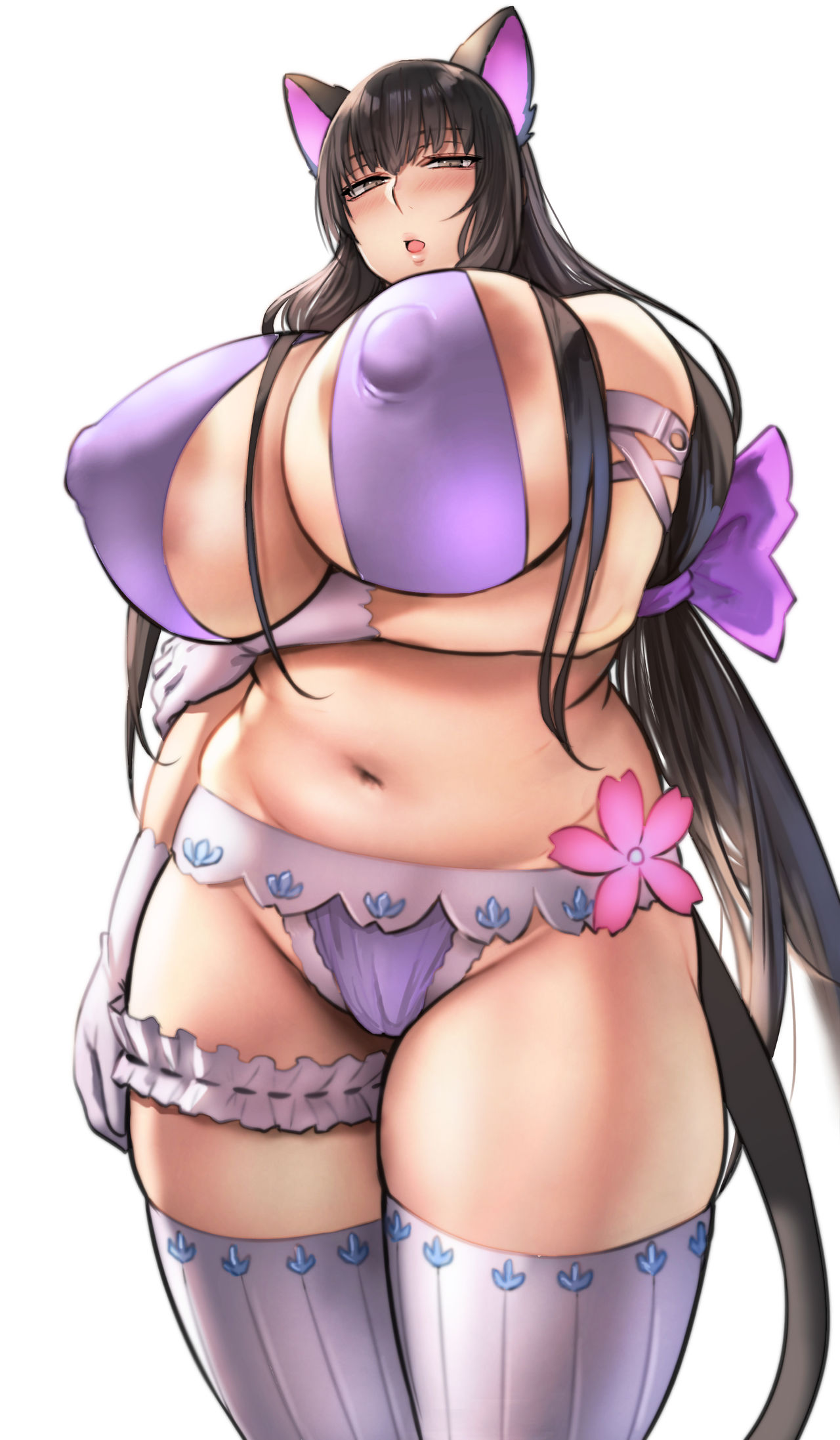 1girls 2021 absurd_res areola_slip areolae armband bikini black_hair blush breast_hold breasts cat_ears cat_tail catgirl cherry_blossoms fake_animal_ears fake_tail female female_only flower frills gloves highres huge_breasts large_areolae long_hair looking_at_viewer mature_female miko_mama_(pepe_(jonasan)) navel nipple_bulge open_mouth original pepe_(jonasan) purple_bikini sideboob simple_background skindentation solo standing swimsuit thick_thighs thigh_strap thighhighs thighs tongue underboob very_long_hair white_background white_gloves wide_hips yellow_eyes zettai_ryouiki