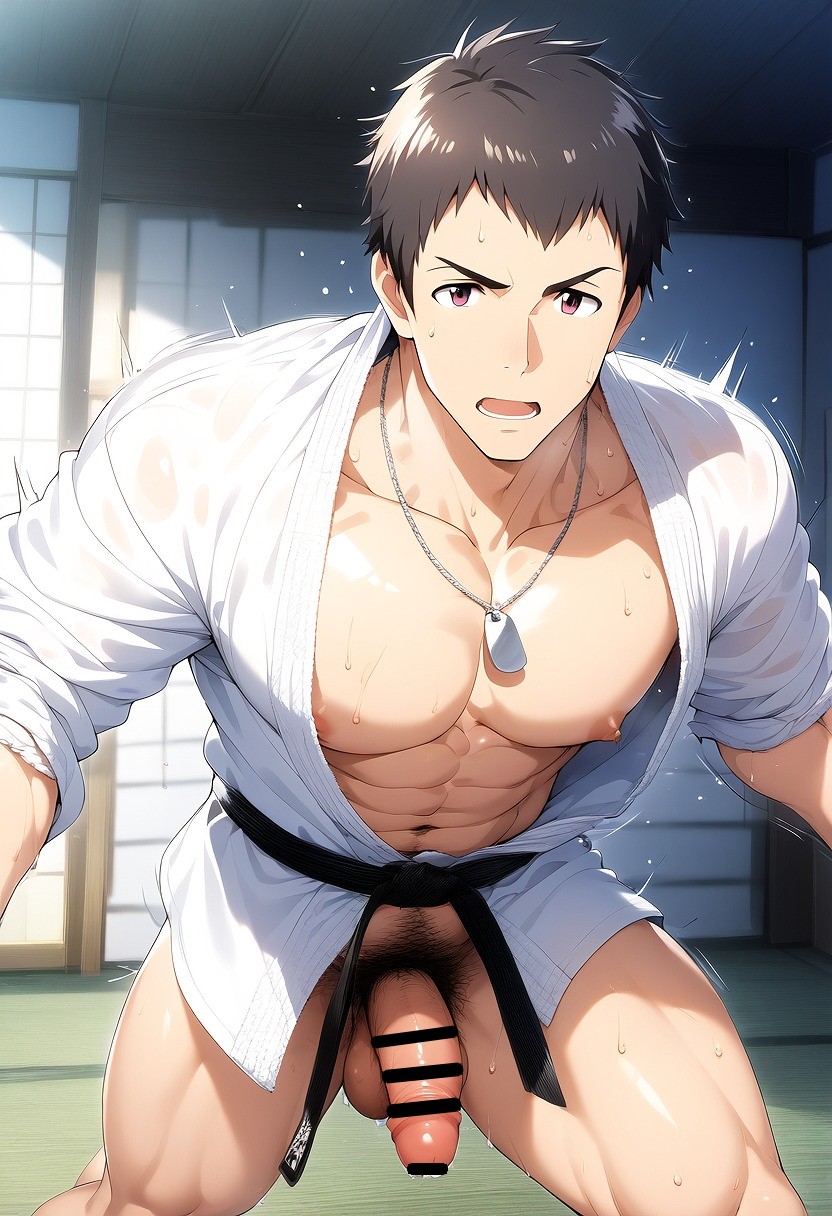 1boy ai_generated bottomless brown_hair dojo hatopo005 idolmaster idolmaster_side-m karate karate_gi male_focus male_only penis robe shingen_seiji solo sportswear