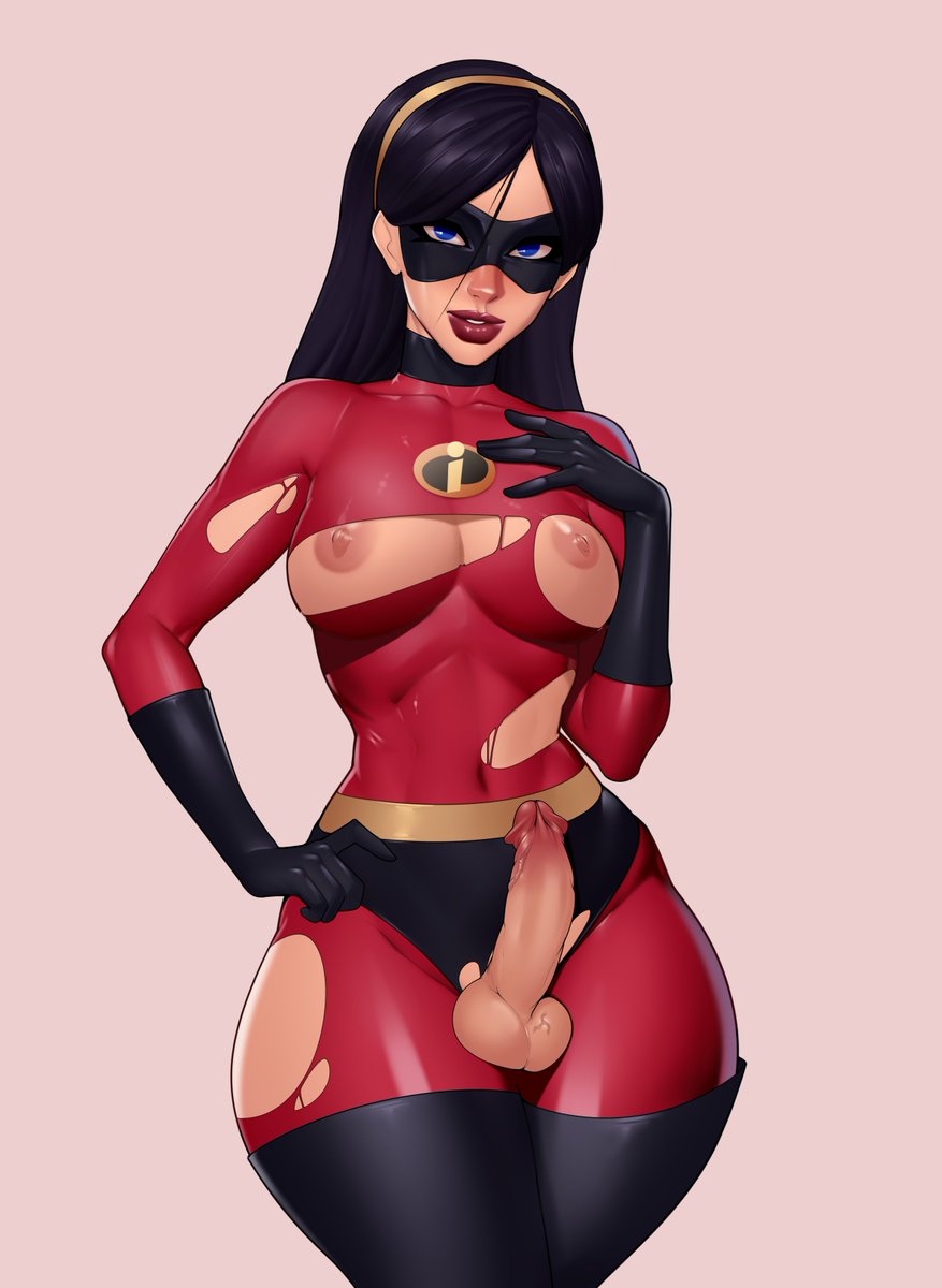 1futa, areolae, balls, big breasts, black hair, bodysuit, breasts, clothed, clothing, crocodilchik, erection, futa only, futa sans pussy, futanari, human, intersex, light skin, light-skinned futa, long hair, looking at viewer, mostly clothed, nipples, penis, solo, solo futa, testicles, the incredibles, thick thighs, thighhighs, torn clothes, violet parr, wide hips