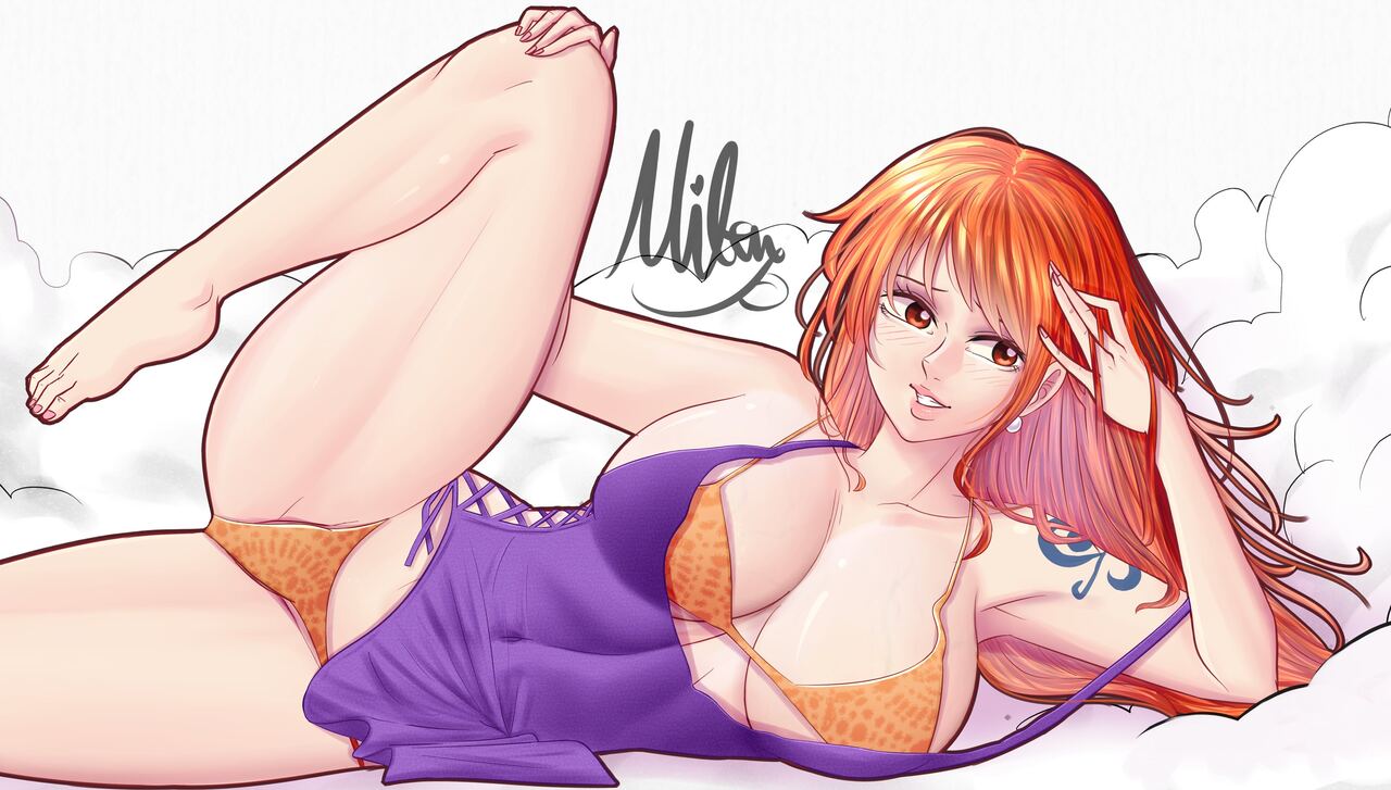 1girls, arm tattoo, blue tattoo, dress, female, female only, mifenami, nami (one piece), nami (one piece) (zou), one piece, one piece: zou arc, orange hair, orange-haired female, post-timeskip, purple dress, tattoo