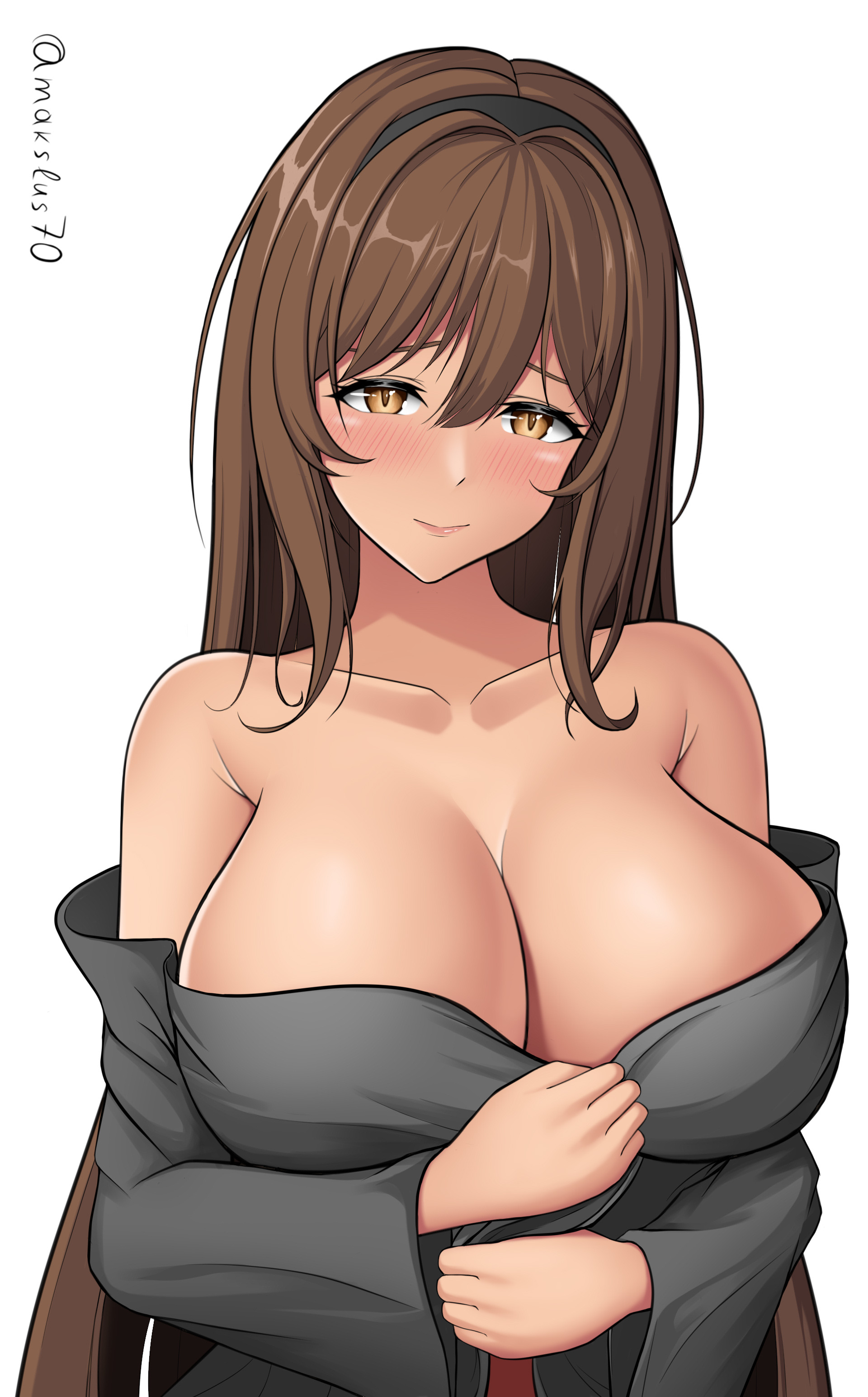 artist request, blush, breasts, brown hair, cleavage, dark skin, dark-skinned female, female, goddess of victory: nikke, large breasts, long hair, noir (nikke), orange eyes, robe, white hair
