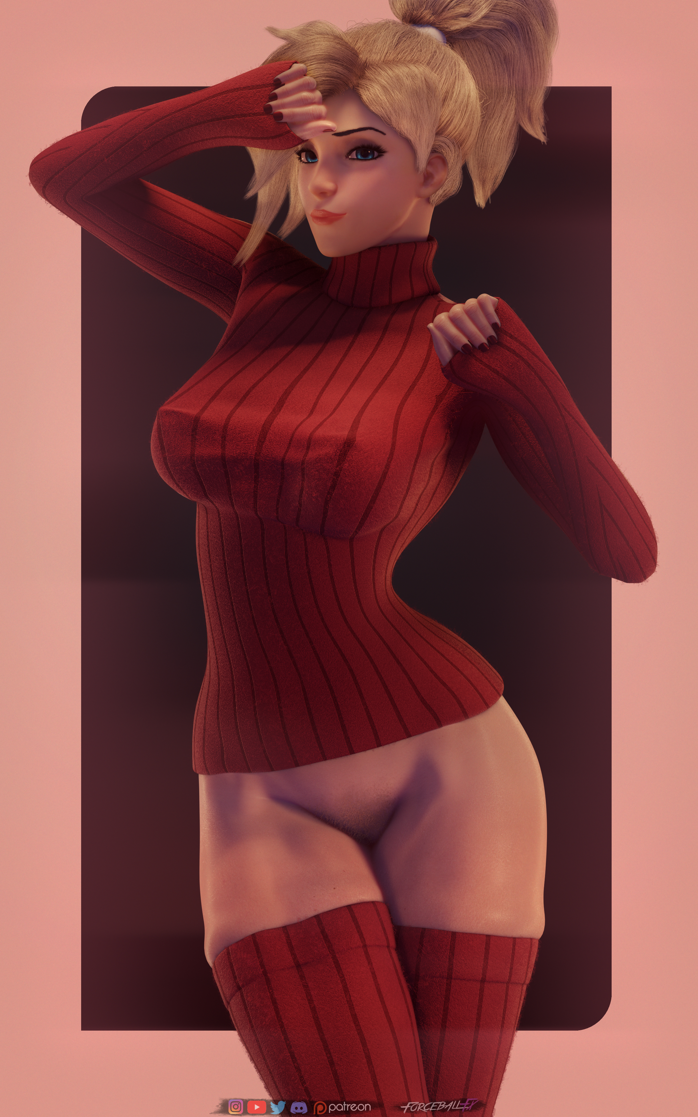 10:16, 1girls, 3d, abs, absurdres, blonde hair, bottomless, breasts, erect nipples, female, female only, forceballfx, highres, mercy, nipples, overwatch, pubic hair, pussy, skindentation, solo, thick thighs, thighhighs, wide hips