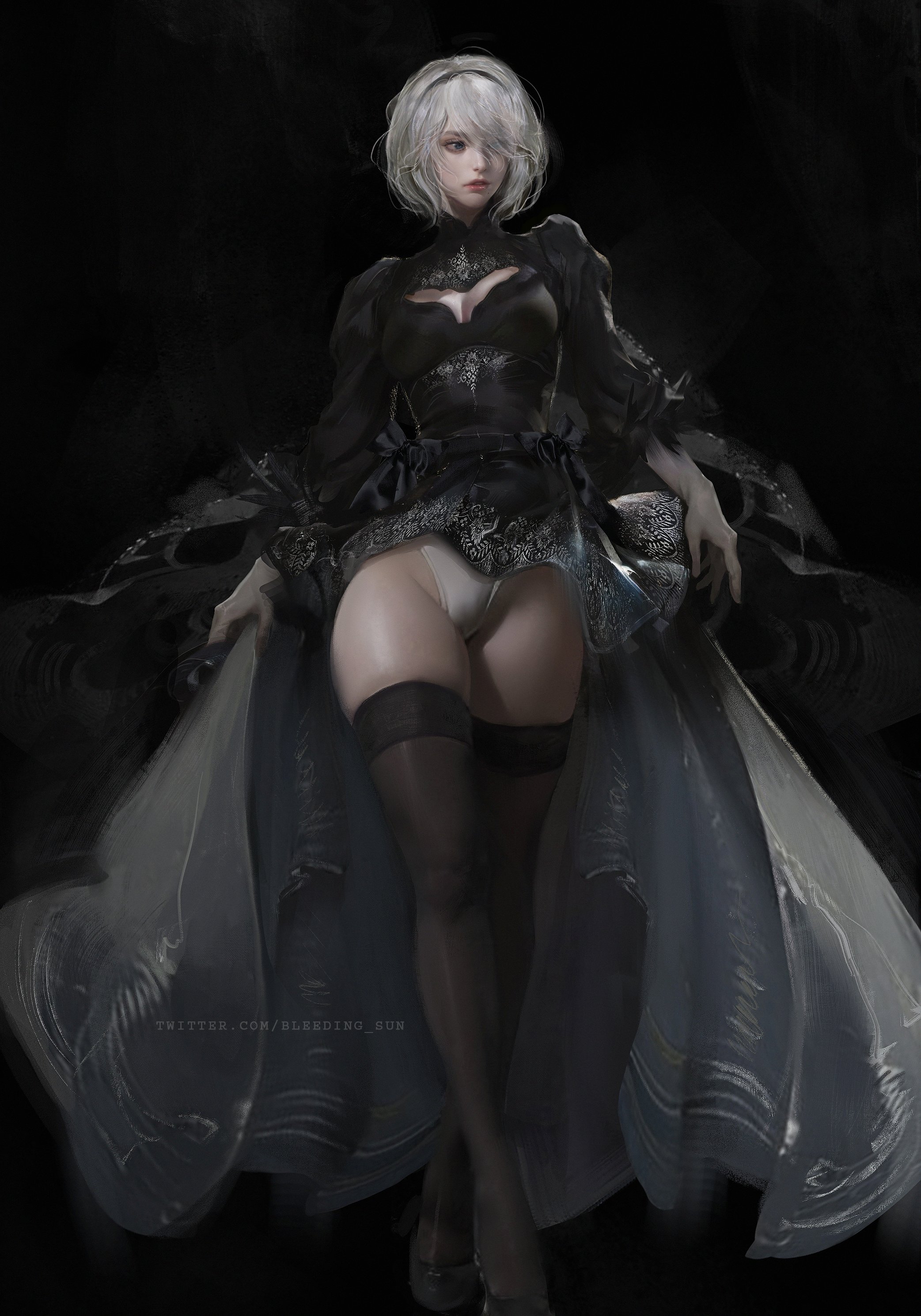 bare thighs, big breasts, bleeding sun, bob cut, breasts, female, gloves, hair over one eye, high heels, long sleeves, nier, nier (series), nier: automata, panties, short hair, skirt, skirt around belly, slim waist, stockings, thick thighs, thighhighs, white hair, wide hips, yorha 2b