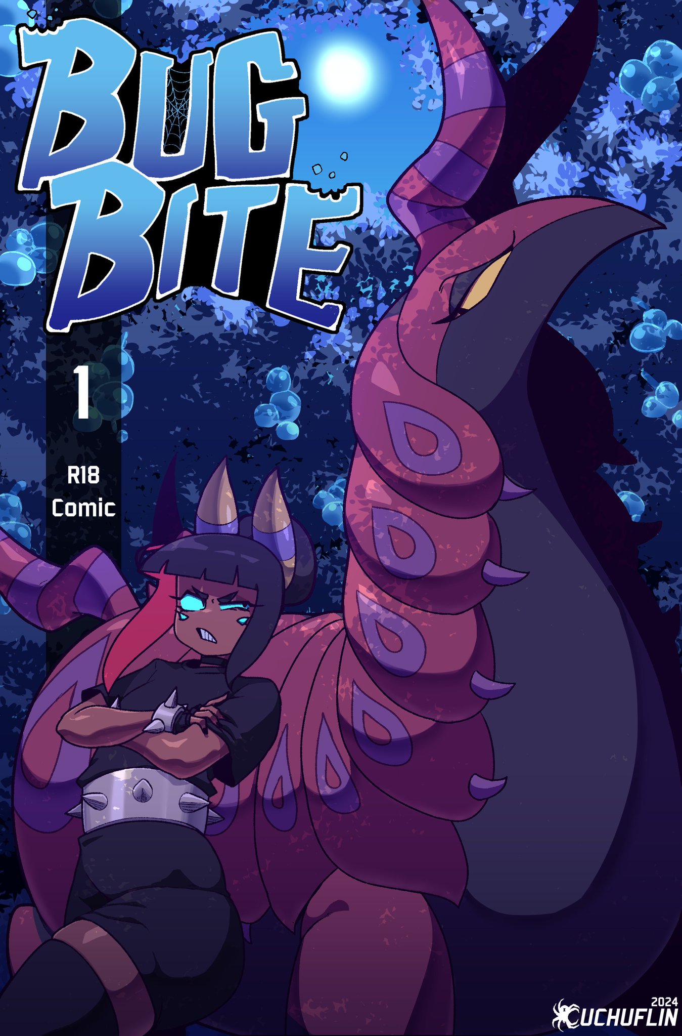 2024 angry black_clothing black_dress blue_eyes blue_text clothing cover cover_art cover_page cuchuflin dark-skinned_femboy dress femboy feral generation_5_pokemon girly hi_res human male male_only mammal moon night nintendo pokemon pokemon_(species) scolipede text