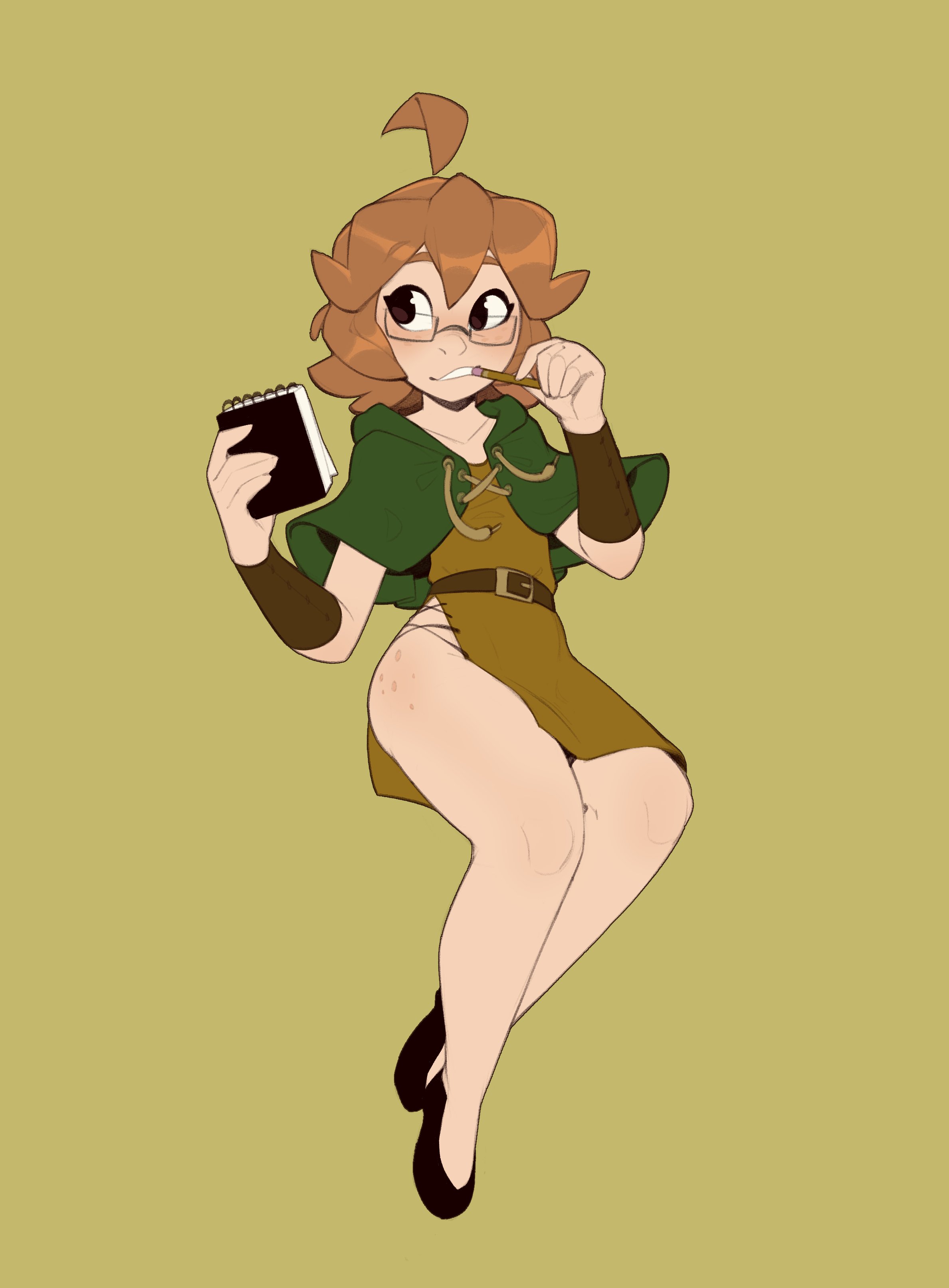 before transformation, breasts, clothing, eclair (spicymancer), elf, elf ears, elf female, elf girl, eyewear, female, fully clothed, huffslove, human, original, original character, outerwear, pale skin, pre-transformation, small breasts, tagme, transformation