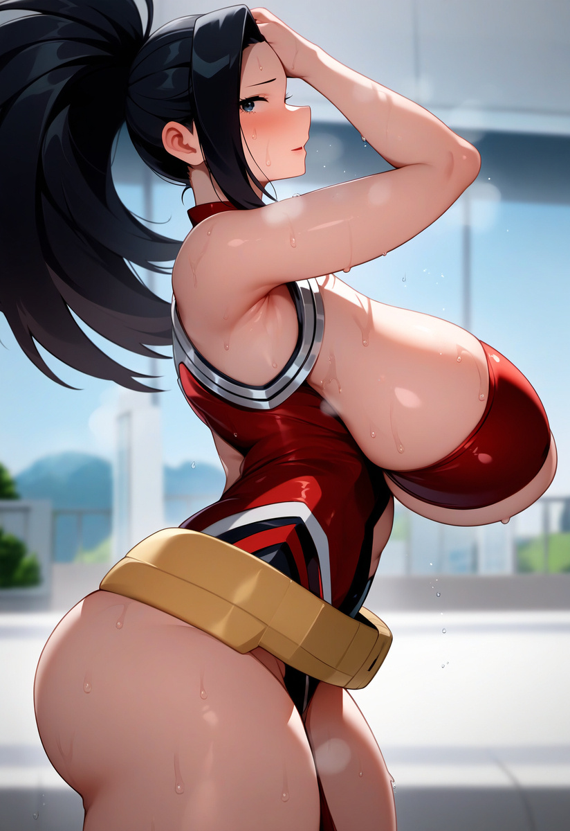 ai_due ai_generated bare_legs big_ass big_thighs black_hair blue_eyes breasts_bigger_than_head gigantic_breasts hero_outfit_(mha) huge_breasts momo_yaoyorozu my_hero_academia ponytail shounen_jump squatting thick_thighs voluptuous voluptuous_female