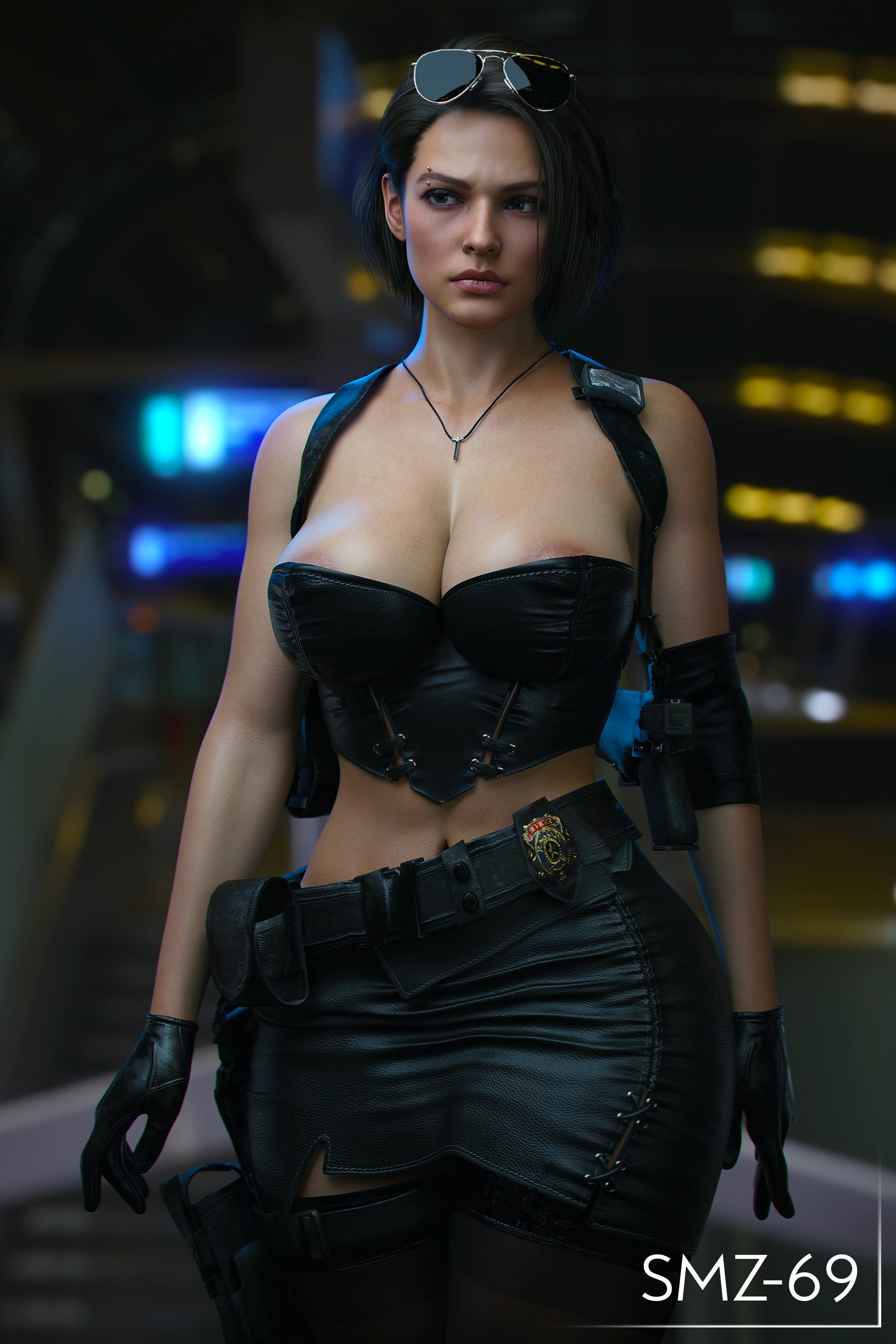 1girls, 3d, areolae, ass, belt, big ass, big breasts, blue eyes, breasts, brown hair, capcom, clothing, female, female only, handwear, human, jill valentine, jill valentine (sasha zotova), large breasts, light skin, light-skinned female, nipples, pale skin, resident evil, resident evil 3, resident evil 3 remake, smz-69, solo, tactical gear, thick thighs
