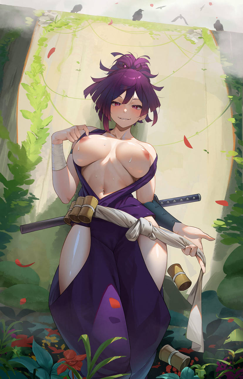 1girls, blush, breasts, cameltoe, female, full cleavage, jigokuraku, kunoichi, looking at viewer, purple eyes, purple hair, pussy, revealing clothes, solo, wet, yuzuriha (jigokuraku)
