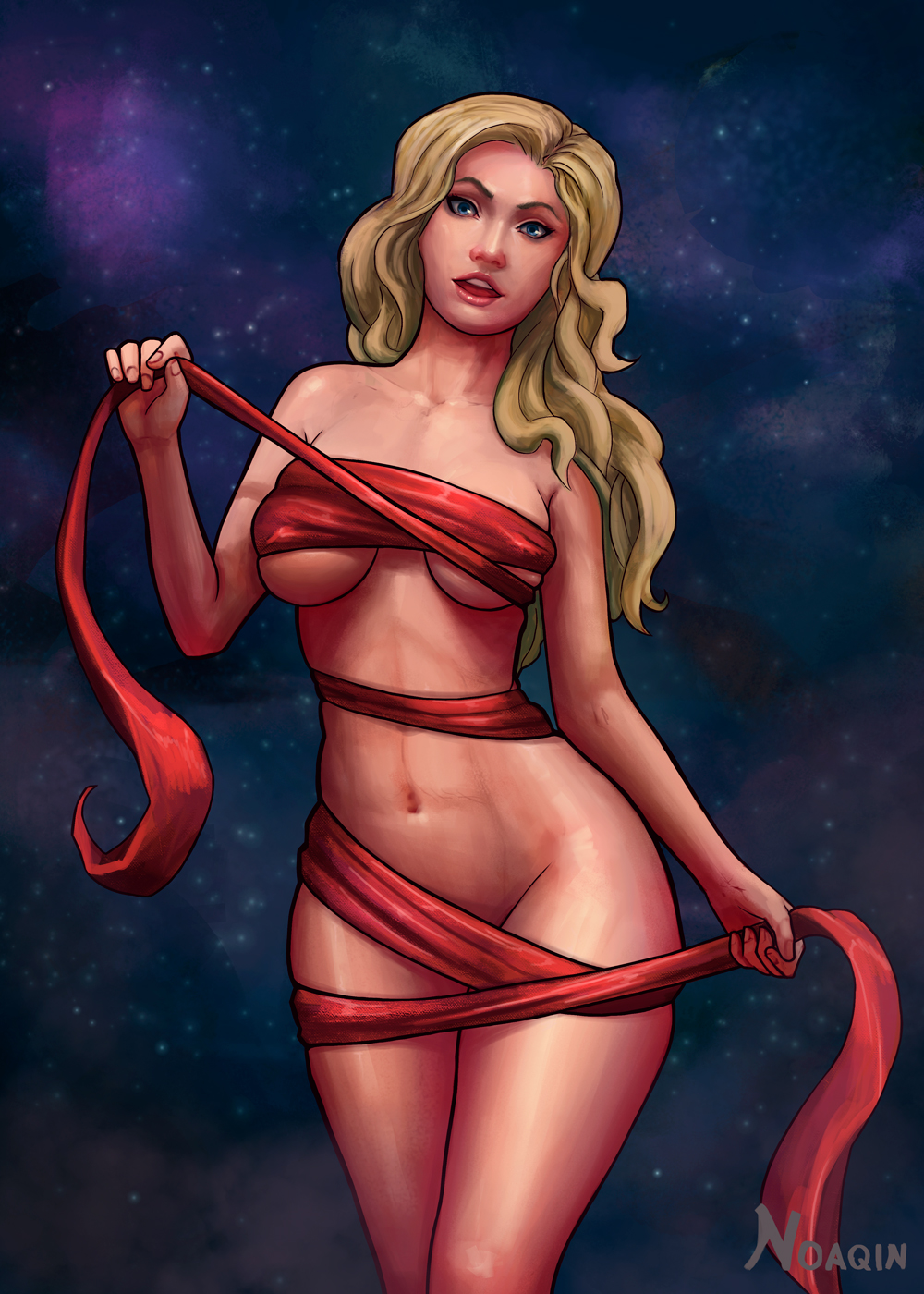 abs, ass, athletic, avengers, bare arms, bare ass, bare legs, bare midriff, bare shoulders, big breasts, blonde hair, blue eyes, breasts, busty, captain marvel, carol danvers, cleavage, erect nipples, eyelashes, eyeliner, female, female focus, female only, long hair, marvel, marvel comics, navel, nipple bulge, nipples, noaqin, nude, pinup, pose, posing, ribbon, solo, space, standing, tagme, thick thighs, underboob, wide hips