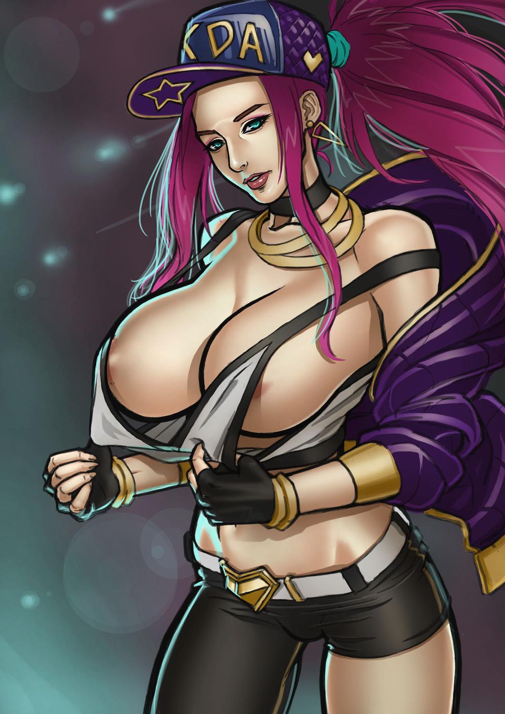 akali, areola slip, areolae, athletic, bare midriff, bare shoulders, big breasts, blue eyes, breasts, busty, choker, cleavage, earrings, eyelashes, eyeliner, eyeshadow, female, female focus, female only, hat, jacket, k/da akali, k/da series, large breasts, league of legends, lipstick, long hair, navel, necklace, nixminor, panties, pink hair, ponytail, pose, posing, sideboob, solo, standing, tagme, tank top