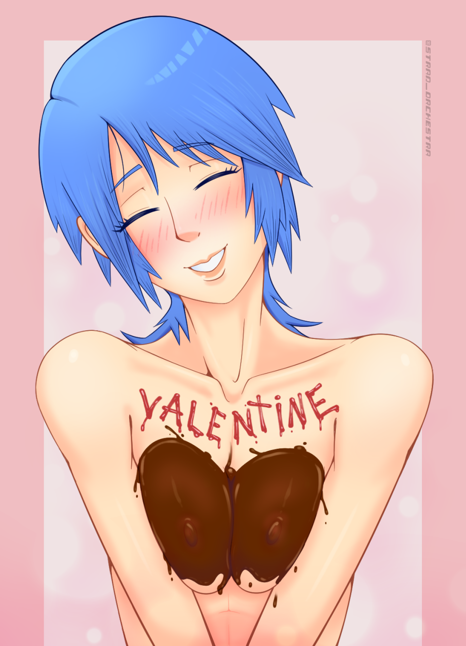 aqua_(kingdom_hearts) athletic_female blue_hair blush breast_press breast_squeeze chocolate closed_eyes completely_nude_female dialogue disney food_on_body food_on_breasts food_play head_tilt highres kingdom_hearts looking_at_viewer pale_skin pressing_breasts_together self_upload smiling square_enix squeezing_breasts stradivarius text valentine's_day