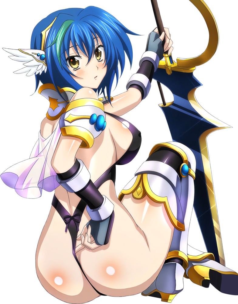 1girls, ass, bikini armor, blue hair, boots, breasts, diadem, female, head wings, high school dxd, large breasts, multicolored hair, sideboob, sitting, sword, thong, white background, xenovia quarta, yellow eyes
