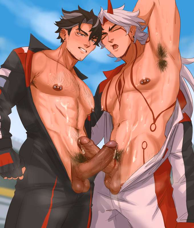 2boys, abs, anime style, arataki itto, armpit hair, balls, ballsack, biker clothes, black hair, body hair, chest hair, cock, cum, cum splatter, dick, gay, genital fluids, genitals, genshin impact, hairy, hairy male, horny love, looking at viewer, male, male focus, male only, male/male, massive penis, muscles, muscular, muscular male, orgasm, orgasm face, penis, smile, smiling, smirk, smirking, sombre slahc, white hair, wriothesley (genshin impact), yaoi