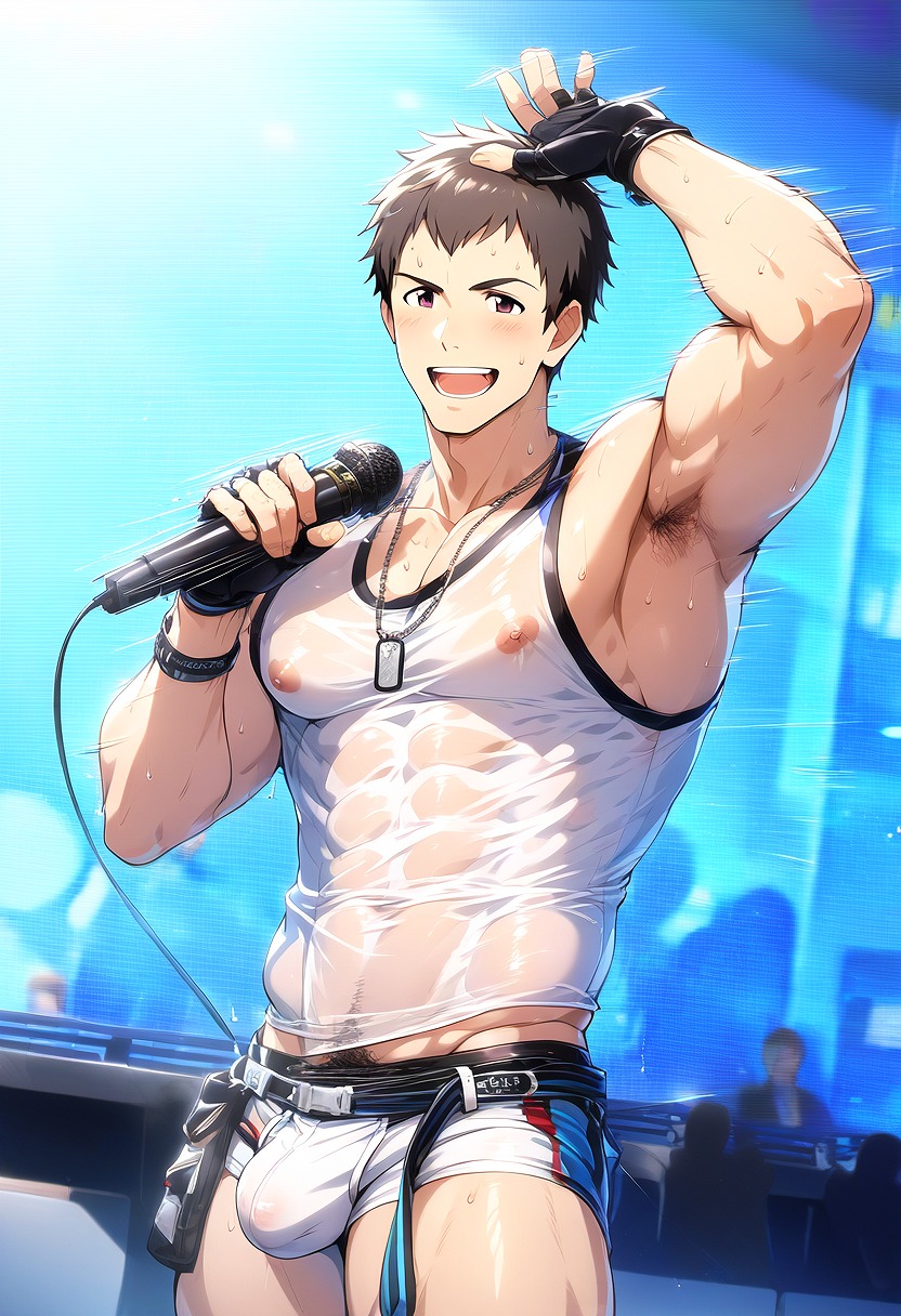 1boy ai_generated armpits brown_hair bulge gloves hatopo005 idol idolmaster idolmaster_side-m male male_focus male_only microphone pecs presenting public shingen_seiji singing solo solo_focus stage_light