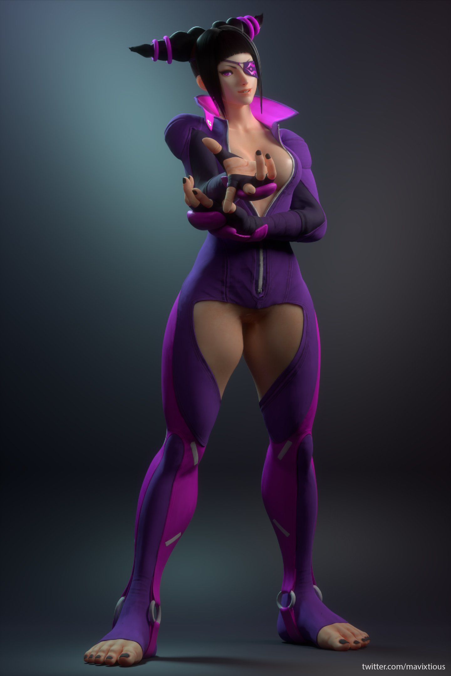 1girls, 3d, 3d (artwork), blender, bodysuit, breasts, cleavage, female, female only, juri han, looking at viewer, mavixtious, pussy, solo, street fighter, street fighter v