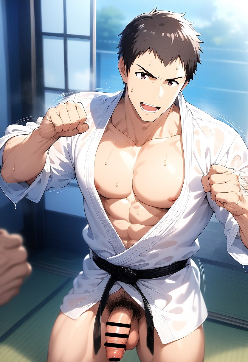 1boy ai_generated bottomless brown_hair dojo hatopo005 idolmaster idolmaster_side-m karate karate_gi male_focus male_only penis robe shingen_seiji solo sportswear