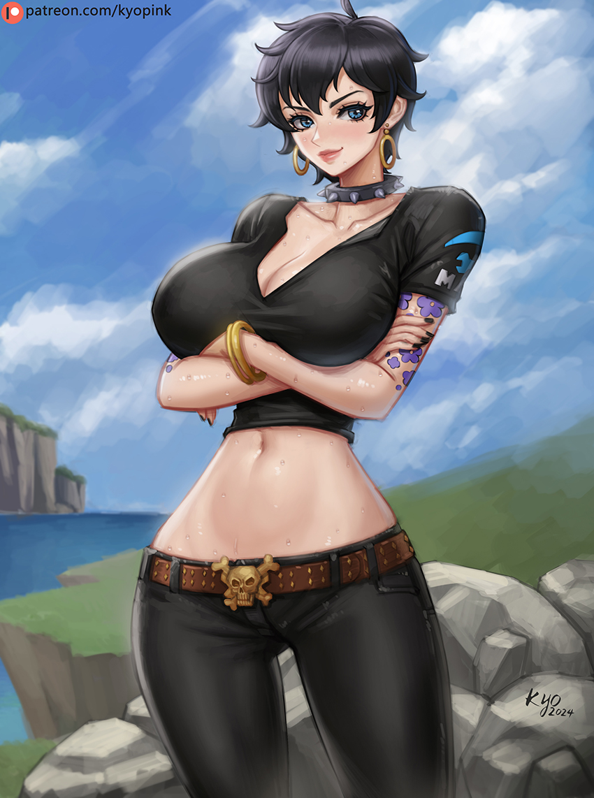 1girls belt big_breasts black_hair blue_eyes blush clothed clothing color doll_(one_piece) female female_focus female_only hi_res jewelry kyopink large_breasts light-skinned_female light_skin looking_at_viewer one_piece short_hair shounen_jump solo solo_female tagme tattoos thick_thighs