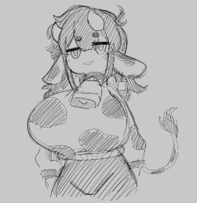 cow_ears cow_tail cowbell horns huge_breasts mochikirb monochrome sketch top_heavy