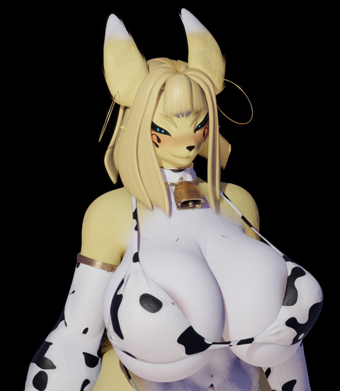 1girls 2020s 2024 3d 3d_(artwork) anthro anthrofied areola areola_slip big_breasts black_sclera blender_(software) blonde_hair blue_eyes blush breasts collar cow_bell cow_bell_collar cow_print cow_print_armwear cow_print_bikini digimon digimon_(species) dogzeela earrings elbow_gloves female female_focus female_only fur furry furry_female furry_only hi_res highres hips hourglass_figure large_breasts midriff navel nipple_bulge short_hair simple_background smile smug smug_face solo solo_female solo_focus taomon taomon_(dogzeela) wide_hips