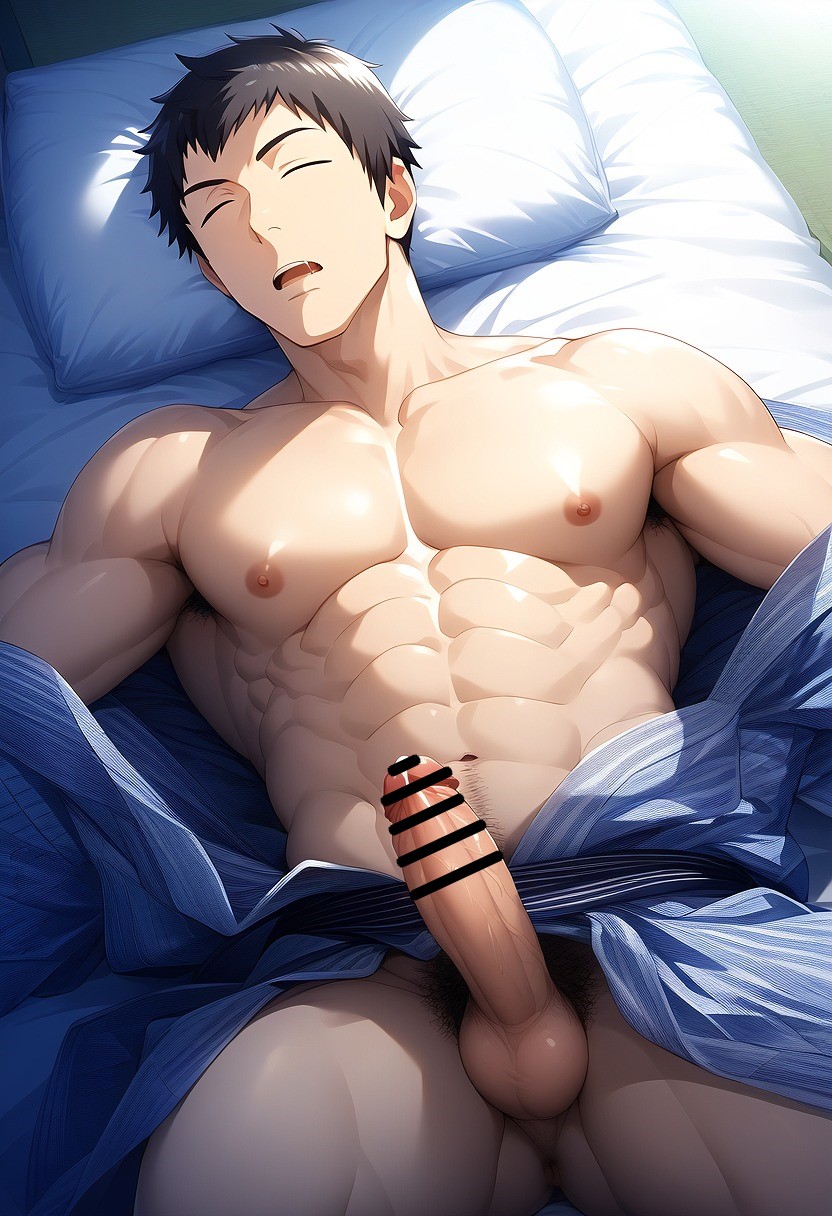 1boy abs ai_generated bed bedroom brown_hair closed_eyes hatopo005 idolmaster idolmaster_side-m lying lying_on_back male_focus male_only penis pillow robe shingen_seiji sleeping solo