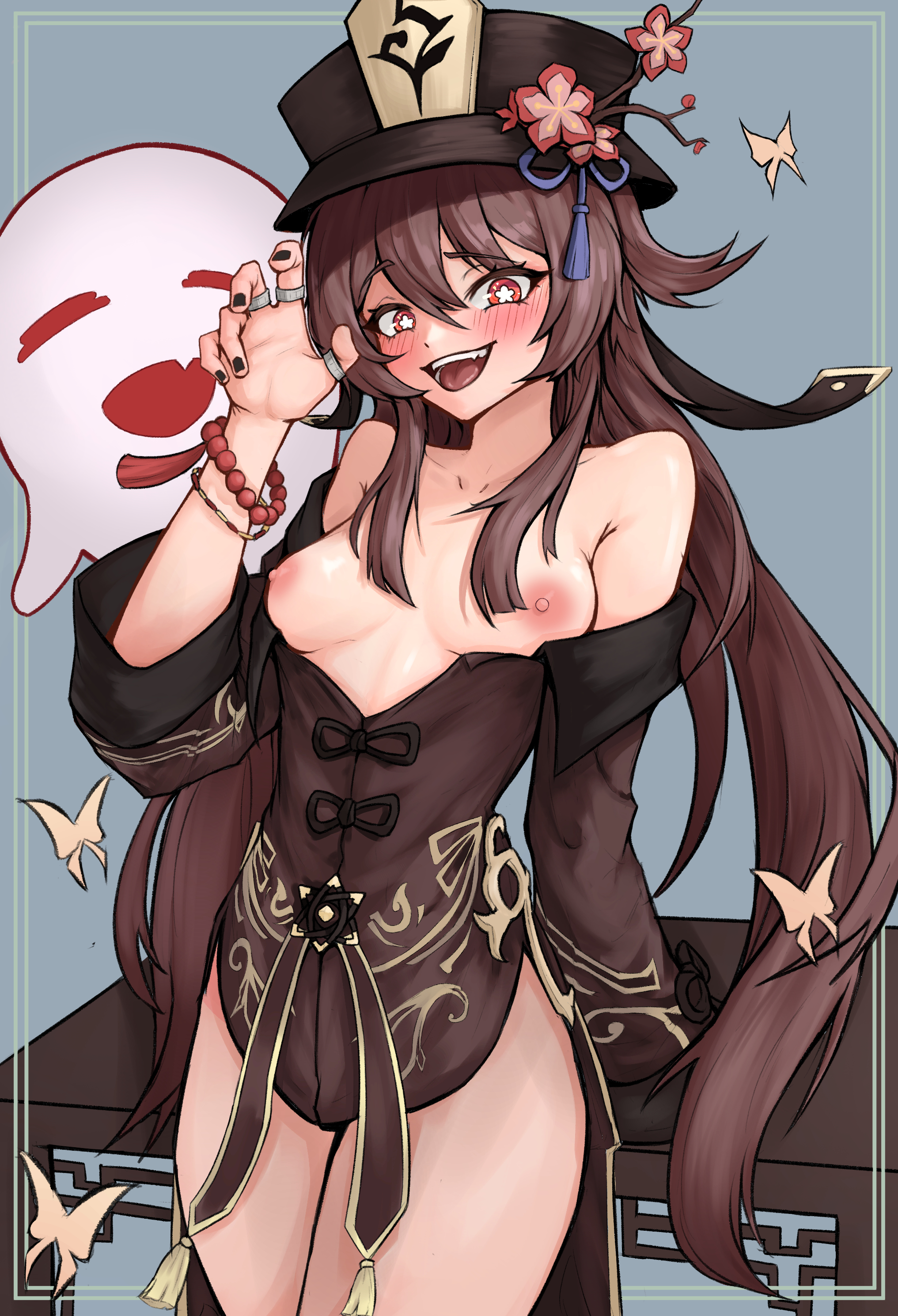 1girls, areolae, blush, bracelet, breasts, brown hair, clothed, clothes pull, coat, female, genshin impact, ghost, hair between eyes, hair over breasts, hat, hu tao (genshin impact), light skin, light-skinned female, long hair, looking at viewer, mizu (93592749), nipples, open mouth, painted nails, red eyes, ring, small breasts, smile, solo, solo female, standing, thighs, very long hair