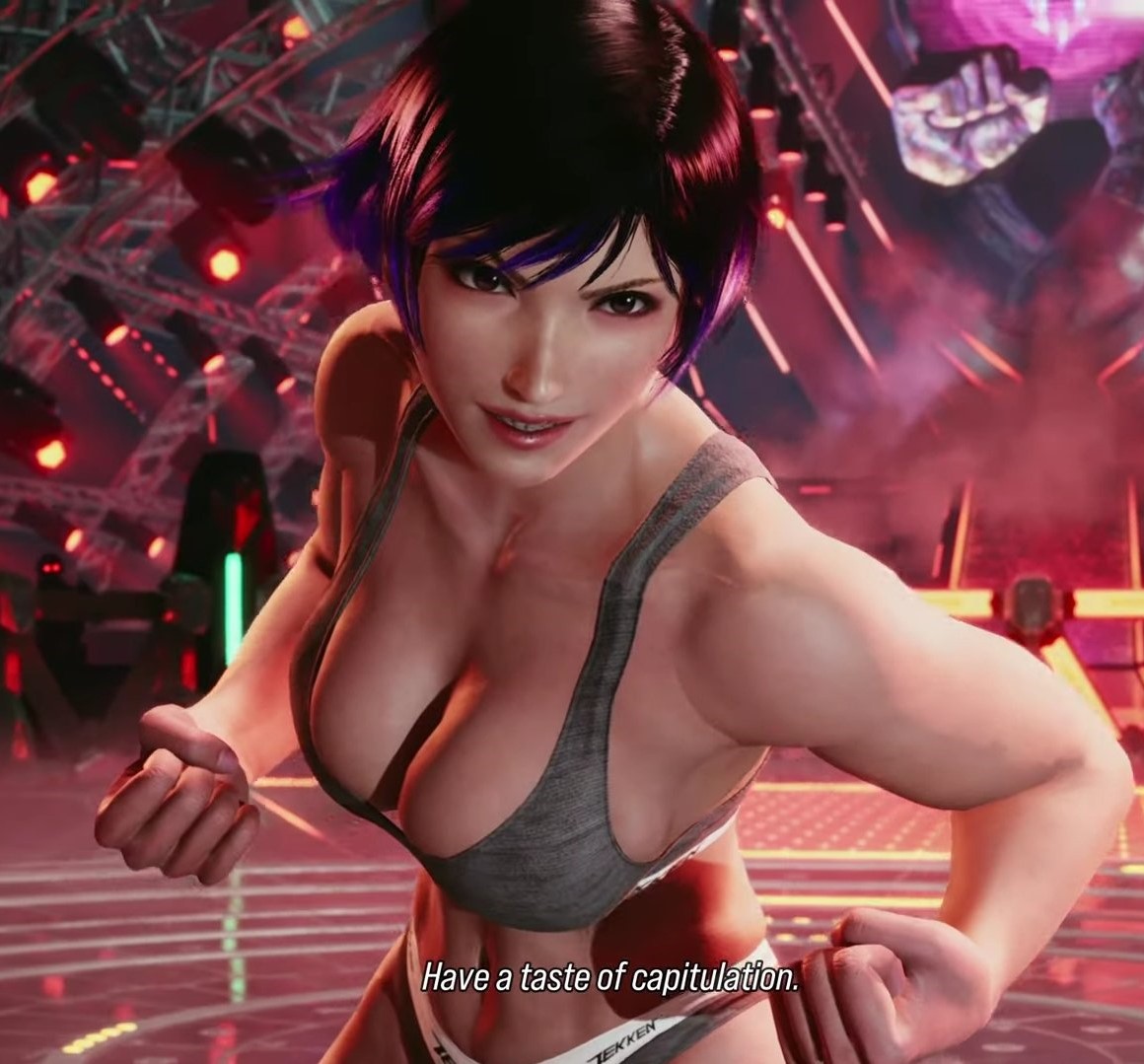 1girls, 3d, big breasts, breasts, cleavage, clothing, female, female only, human, mod, namco, nonsexual, pale skin, reina mishima, solo, sportswear, tekken, tekken 8, tomboy, underwear
