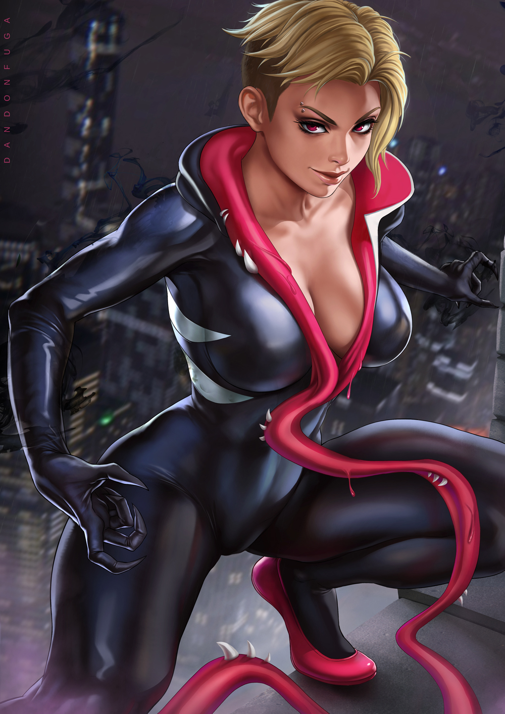 1girls abs alien ballet_shoes big_breasts blonde_hair breasts cleavage dandon_fuga eyebrow_piercing female female_only gwen_stacy gwen_stacy_(spider-verse) gwenom large_breasts long_tongue looking_at_viewer marvel shaved_side she-venom solo spider-gwen spider-man_(series) symbiote venom venom_(marvel)