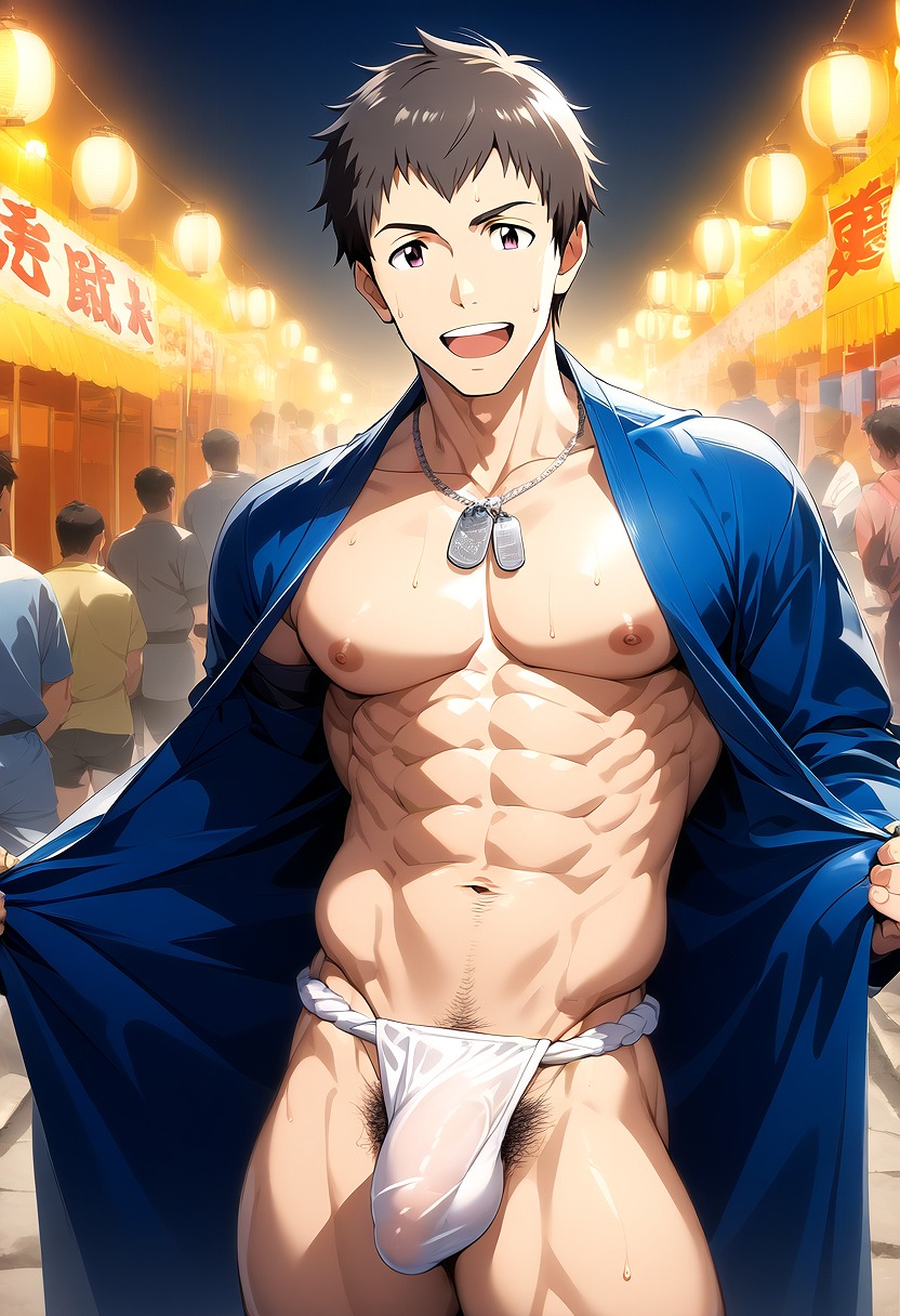 1boy ai_generated brown_hair bulge festival hatopo005 idolmaster idolmaster_side-m male_focus male_only penis public shingen_seiji solo underwear undressing