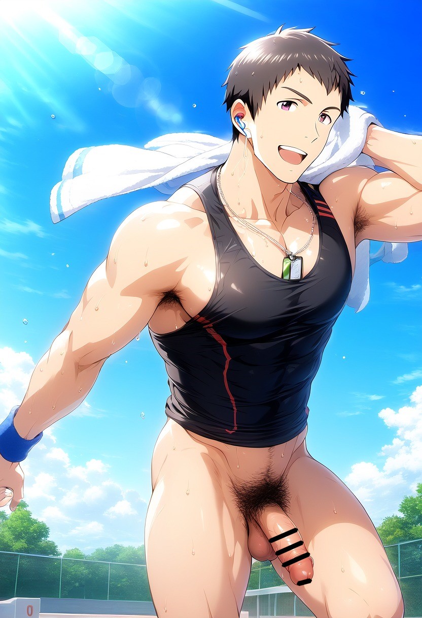 1boy ai_generated bottomless brown_hair earbuds hatopo005 idolmaster idolmaster_side-m male_focus male_only outdoors penis public shingen_seiji solo sportswear sweat tank_top