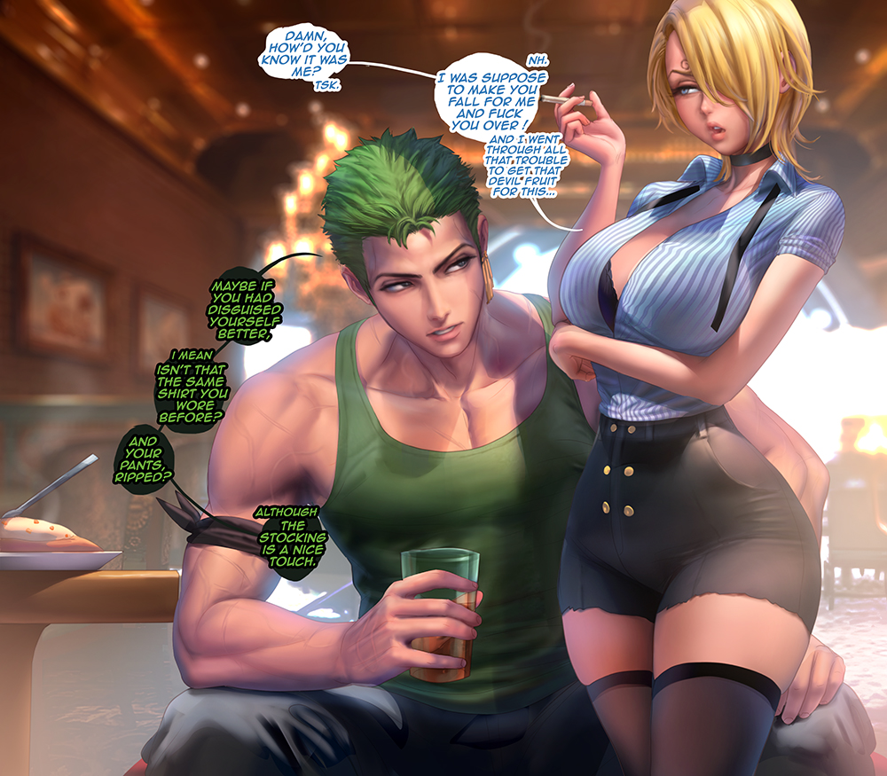 1boy 1girls big_breasts black_bra black_thighhighs blonde_hair blue_eyes bra breasts buttons cigarette collared_shirt drink earrings english_text female female_focus food genderswap_(mtf) green_hair hair_over_one_eye holding holding_cigarette holding_drink indoors jewelry large_breasts looking_at_another male medium_hair muscular muscular_male necktie one_piece open_mouth roronoa_zoro rule_63 sakimichan shirt short_hair shorts speech_bubble straight talking text thick_thighs thighhighs thighs underwear veins vinsmoke_sanji zettai_ryouiki