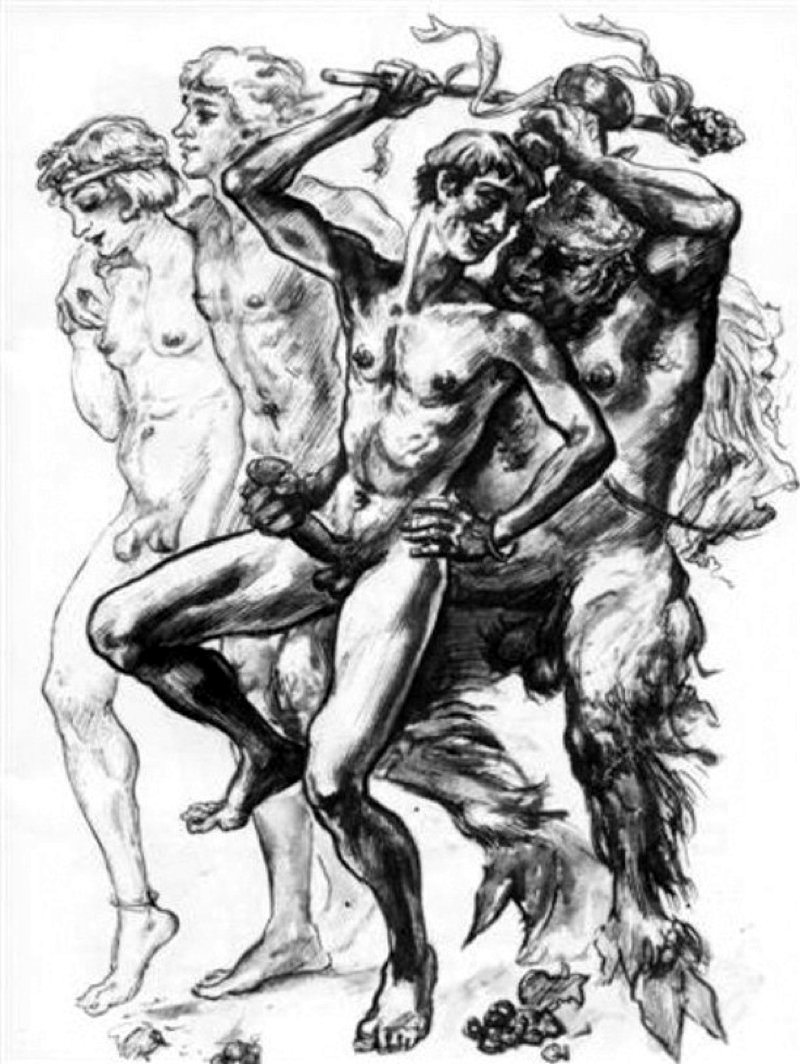 4boys boner bracelet chalice erect_nipples erection ernst_georg_hildebrandt ernst_georg_martin_hildebrandt ernst_hildebrandt fictional_interracial gay grapes holding_penis hooves horn human imminent_anal imminent_penetration interspecies male male/male male_on_male male_only monochrome nude penis penis_size_difference reach_around satyr skinny