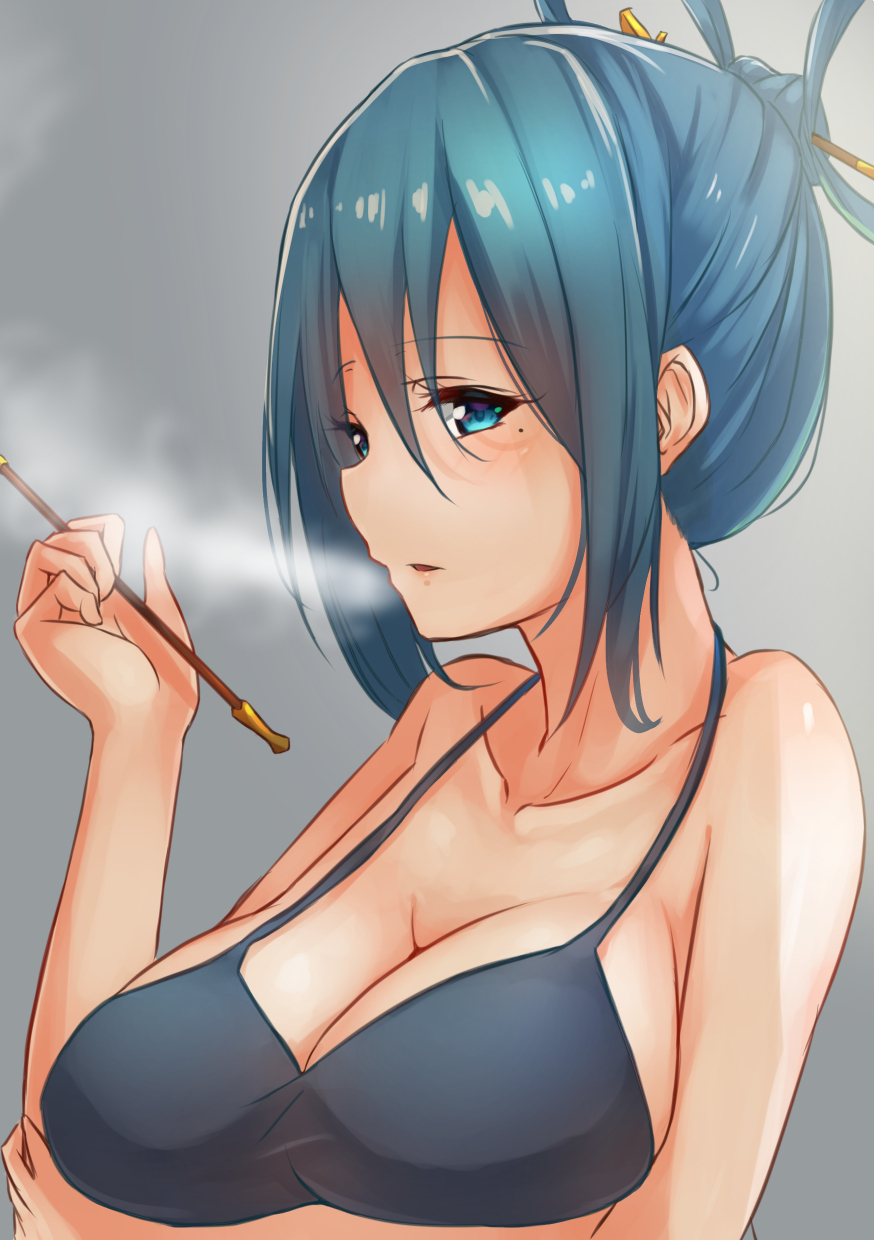 bare_shoulders black_bra blue_eyes blue_hair borushichi bra breast_hold breasts cleavage collarbone female grey_background hair_between_eyes hair_ornament hair_rings hair_stick hand_up highres holding holding_smoking_pipe kaku_seiga kiseru large_breasts looking_at_viewer mature_female milf mole mole_under_eye seiga_kaku short_hair sidelocks simple_background smoke smoking smoking_pipe solo touhou underwear upper_body