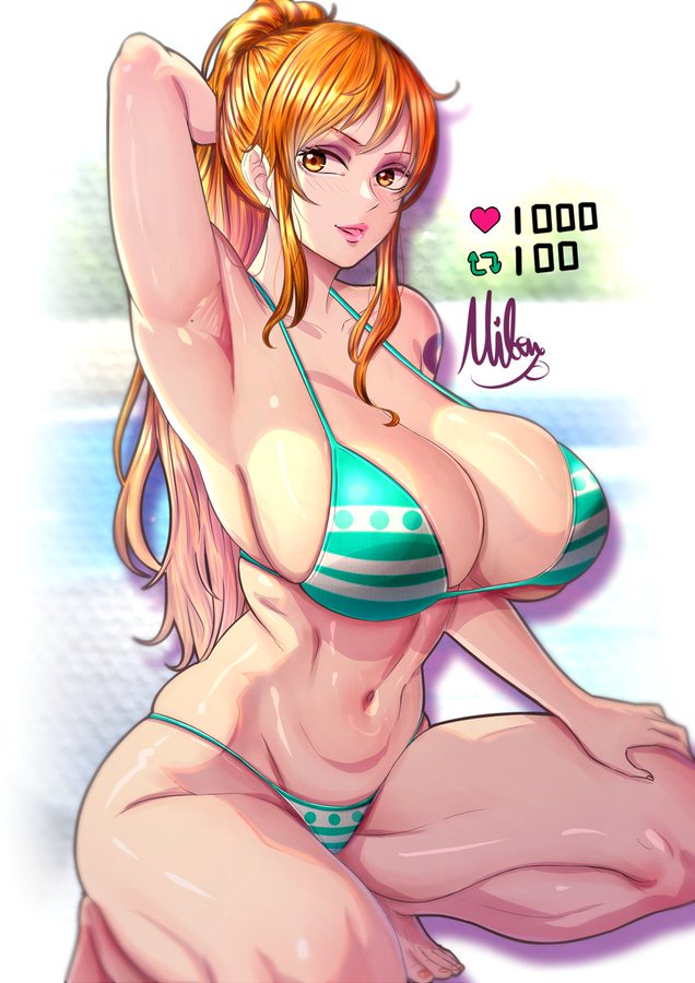 big_boobs bikini boobs female female_only long_hair mifenami nami nami_(one_piece) one_piece orange_hair post-timeskip striped_bikini thick_thighs thighs