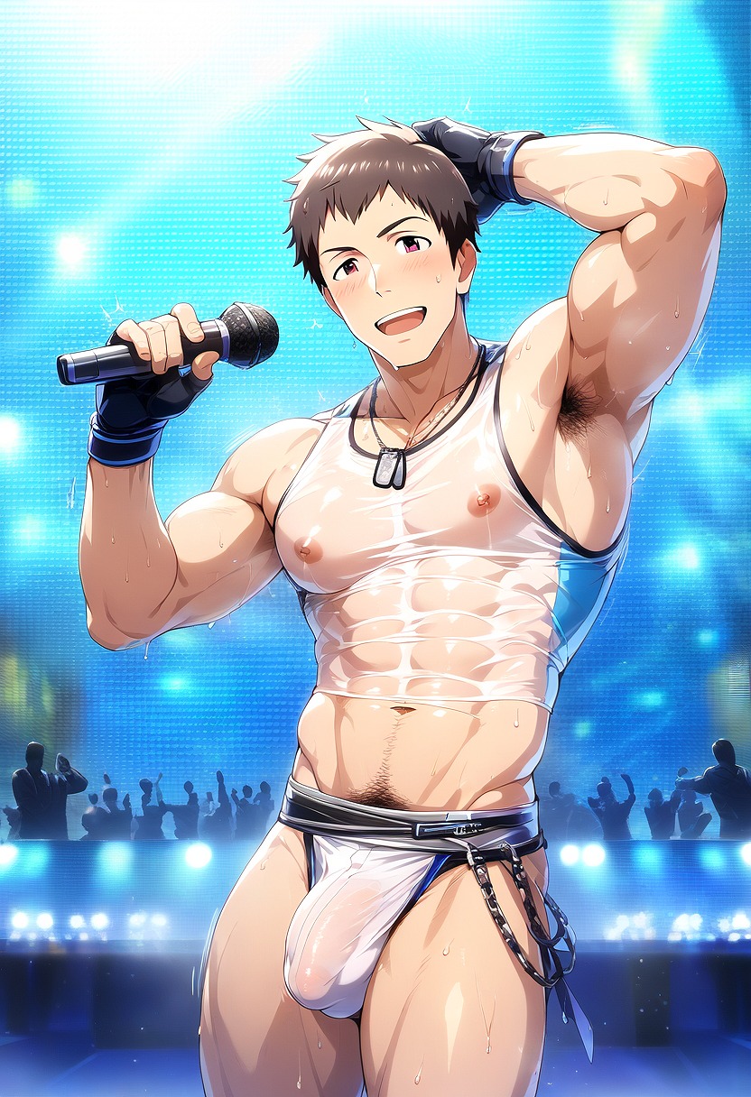 1boy ai_generated armpits brown_hair bulge gloves hatopo005 idol idolmaster idolmaster_side-m male male_focus male_only microphone pecs presenting public shingen_seiji singing solo solo_focus stage