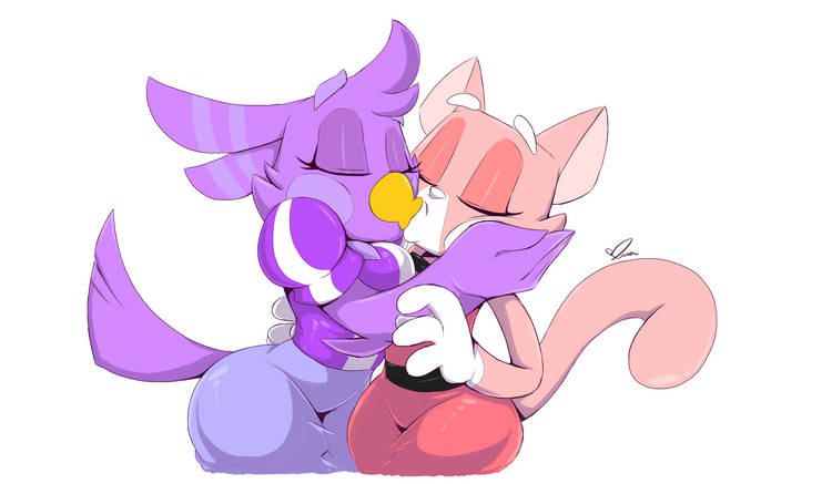 2girls big_hips bird_girl bird_humanoid cat_girl cat_humanoid kissing lbqueen-222 lesbian_kiss melissa_morgan multiple_girls shima_luan super_planet_dolan yuri