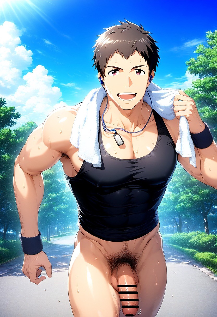 1boy ai_generated bottomless brown_hair earbuds hatopo005 idolmaster idolmaster_side-m male_focus male_only outdoors penis public shingen_seiji solo sportswear sweat tank_top