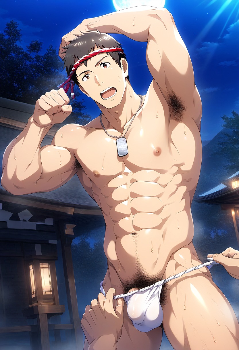 1boy ai_generated brown_hair bulge festival hatopo005 idolmaster idolmaster_side-m male_focus male_only penis public shingen_seiji solo underwear undressing