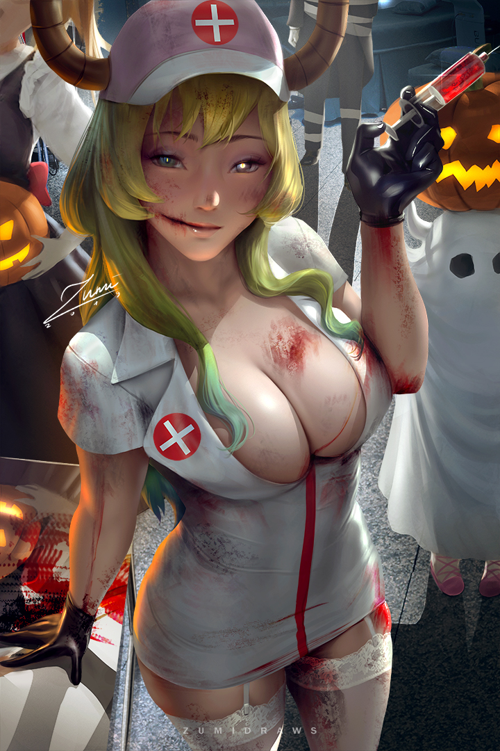 1girls, big breasts, breasts, cleavage, female, female only, kanna kamui, large breasts, looking at viewer, miss kobayashi's dragon maid, quetzalcoatl (dragon maid), solo, thighhighs, tohru (dragon maid), tohru (miss kobayashi's dragon maid), zumi