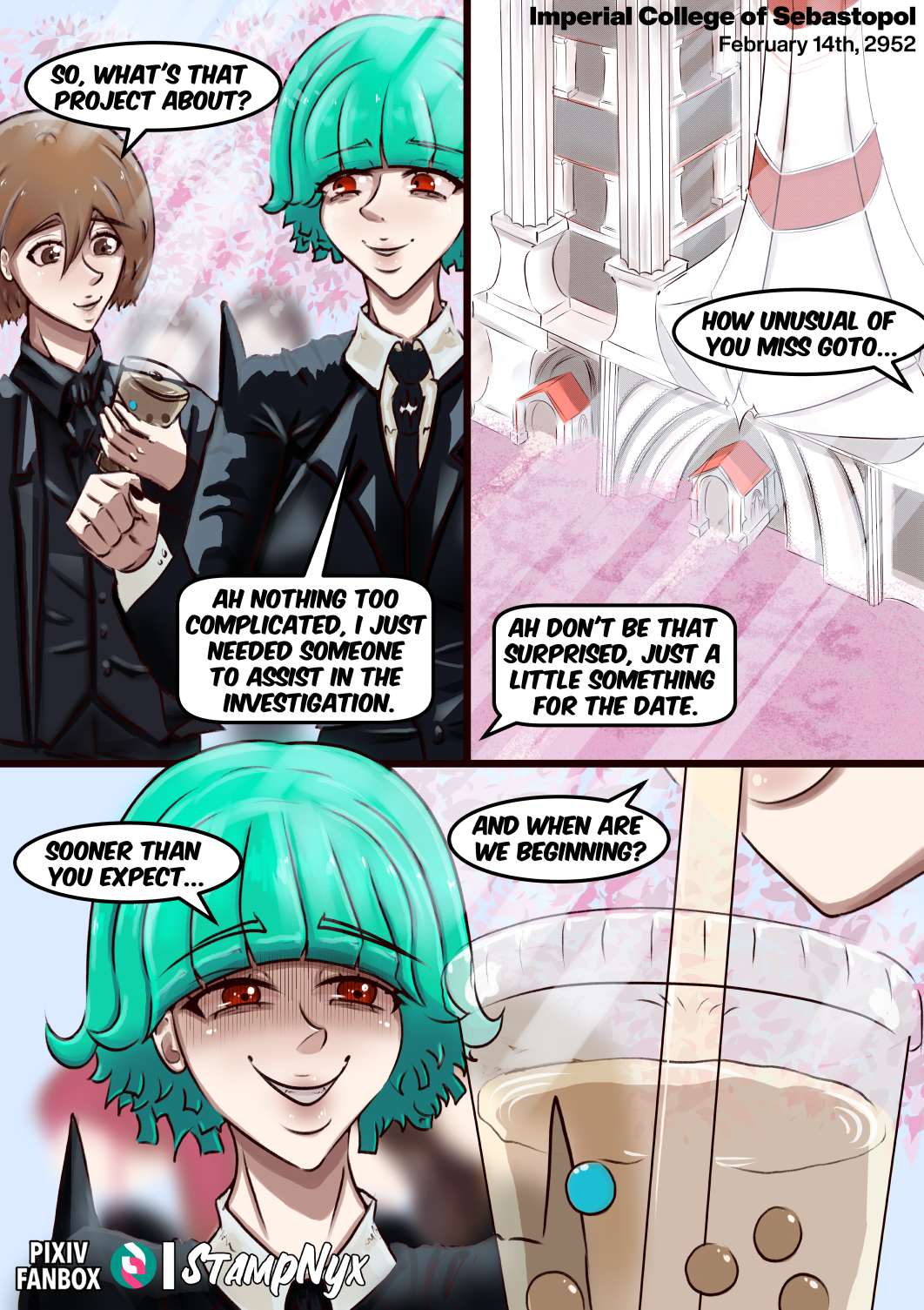 boba_tea brown_eyes brown_hair building comic english_text female female_only goto_ryuna(stampnyx) green_hair okada_rin(stampnyx) red_eyes sakura_tree stampnyx suit suit_and_tie tagme