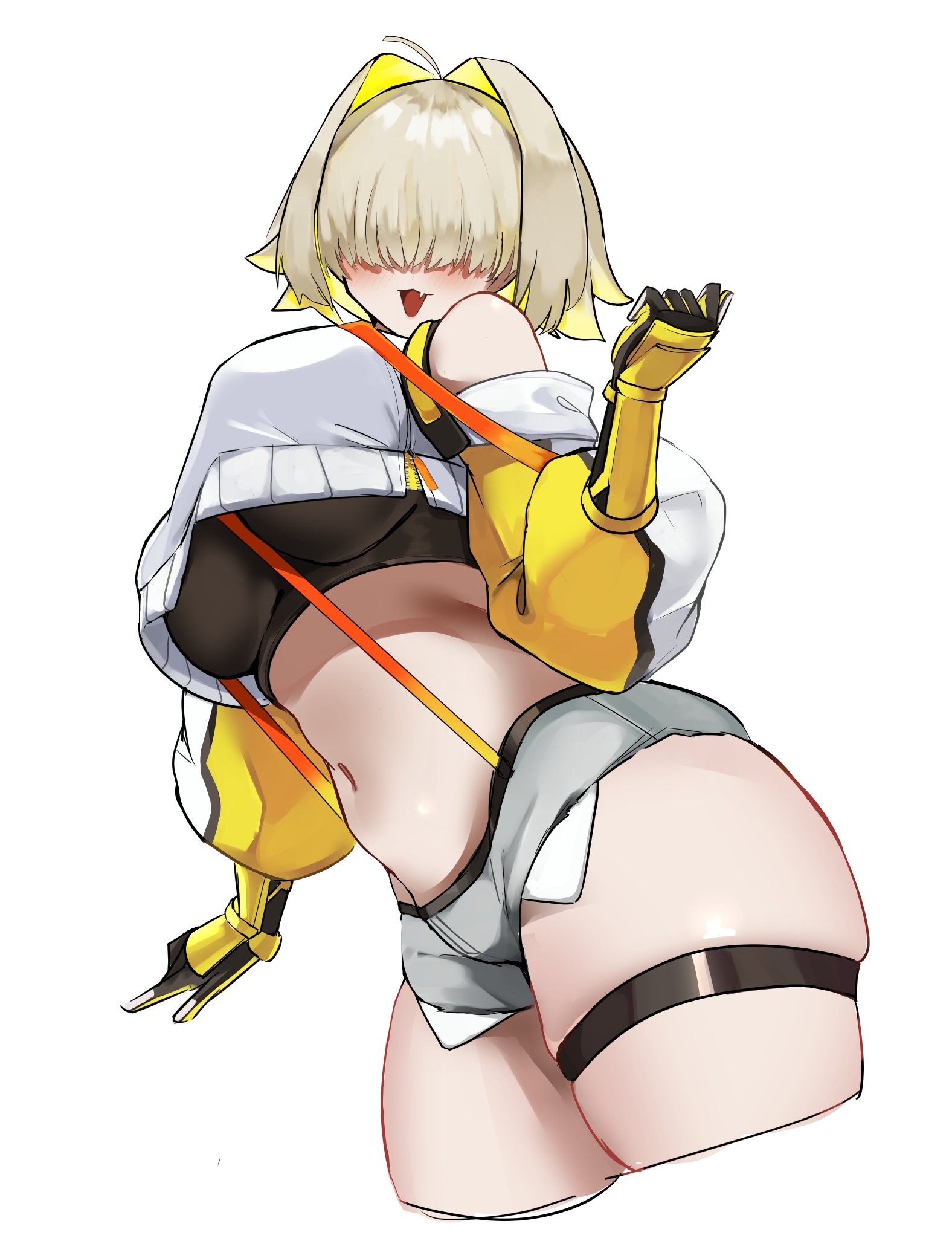bangs over eyes, blonde hair, cute fang, elegg (nikke), female, female only, gloves, goddess of victory: nikke, hair covering eyes, hair over eyes, midriff, short hair, short shorts, shorts, simple background, skindentation, tagme, thigh strap, unknownnoname0, white background