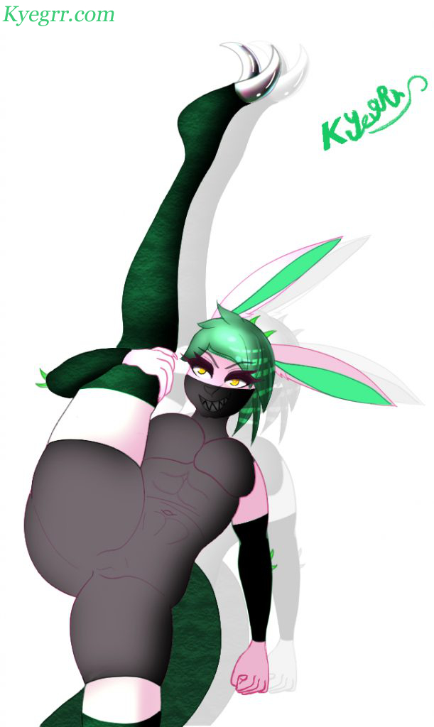 ass assassin bodysuit breasts bunny bunnygirl busty chimera claw dinosaur female gold_eyes green_hair hybrid kyegrr leggings mammal mask monster_girl ninja pink_fur rabbit reptile scales shadow sharp_teeth solo spikes stretching thigh_highs velociraptor yellow_eyes yoga