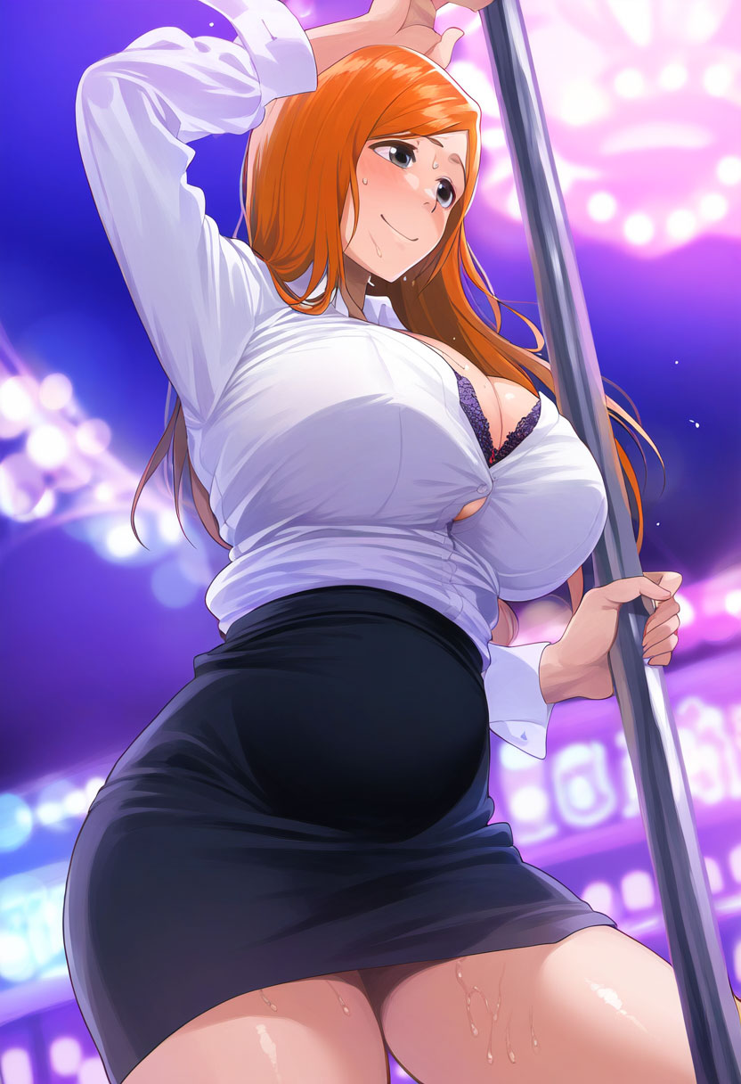 ai_generated alternate_costume bleach bleach:_the_thousand-year_blood_war bodily_fluids bra brzezy busty cleavage embarrassed formal_clothes holding_object holding_pole hourglass_figure inoue_orihime long_hair nai_diffusion office_lady oppai orange_hair pole pole_dancer pole_dancing shirt show shy skirt smile stable_diffusion standing strip_club stripper stripper_pole sweat sweatdrop underwear very_long_hair